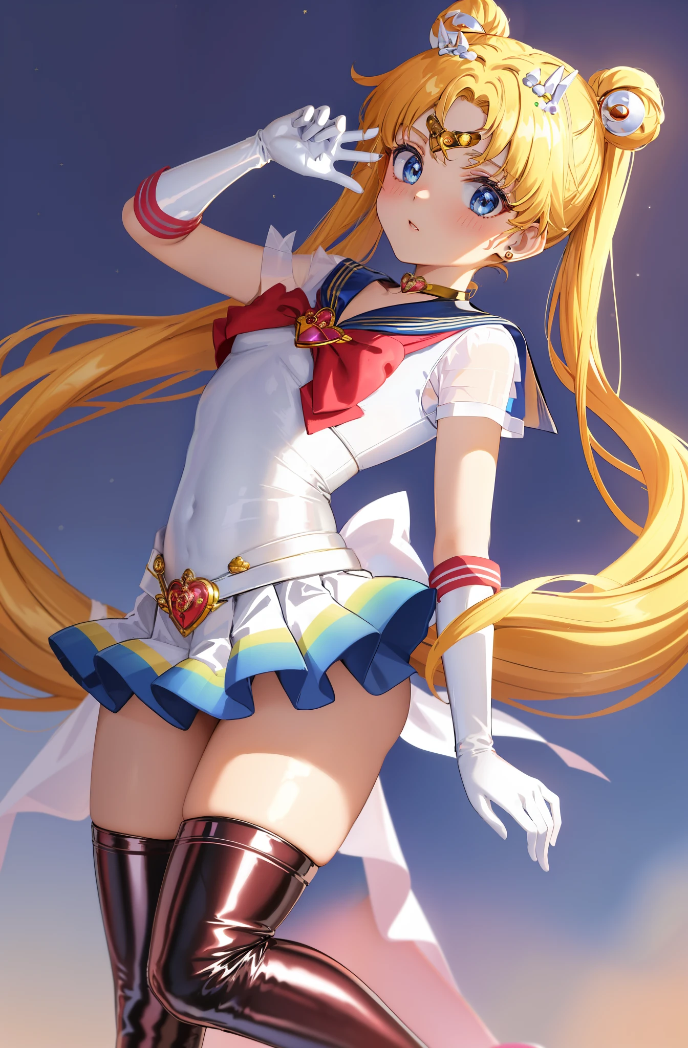 masterpiece, best quality, (1girl), (latex sailor uniform:1.4), (latex skirt:1.4), (latex socks:1.4), (latex gloves:1.4), a (****:1.4), (small breasts:1.4), (flat chest:1.4), supersailormoon, detailed face, happy,  face focus, cowboy shot, nigh sky, moonlight, moon, sakura trees, city at night,  white gloves, detailed eyes, detailed face,  galaxy background, detailed background, multicolored clothes, sailor senshi uniform, multicolored skirt, hair ornament, red bow, brooch, heart brooch, earrings, crescent, heart choker, heart, miniskirt, very long hair, back bow, crescent earrings, tiara, yellow choker, boots, knee boots, red footwear