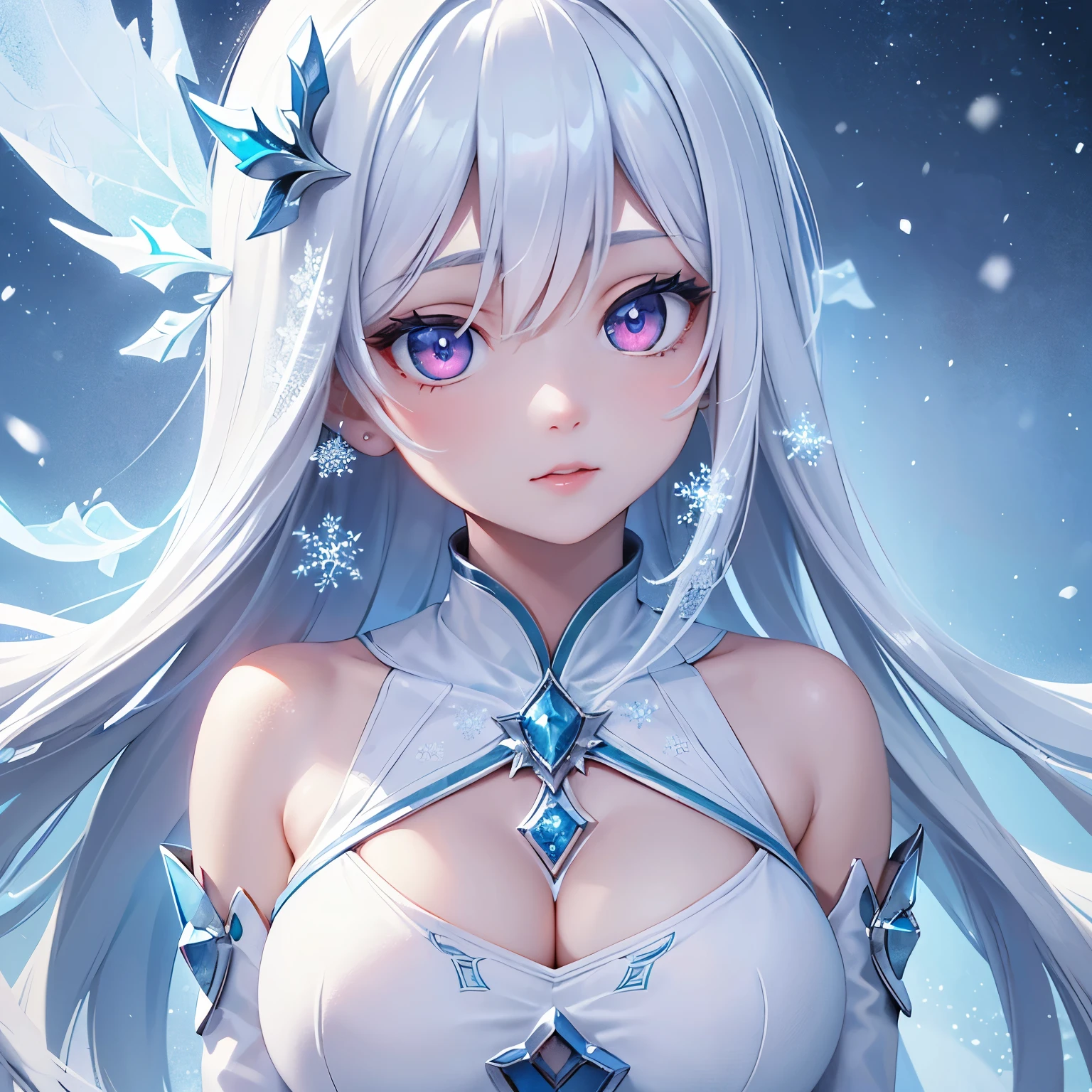 (masterpiece,best quality,ultra-detailed),1girl, large breast, glowing eyes,long hair,(((frost pretty girl))),beautiful and detailed face, detailed eyes,night,snow particles in the air,((frost theme)),((((frost theme)))),