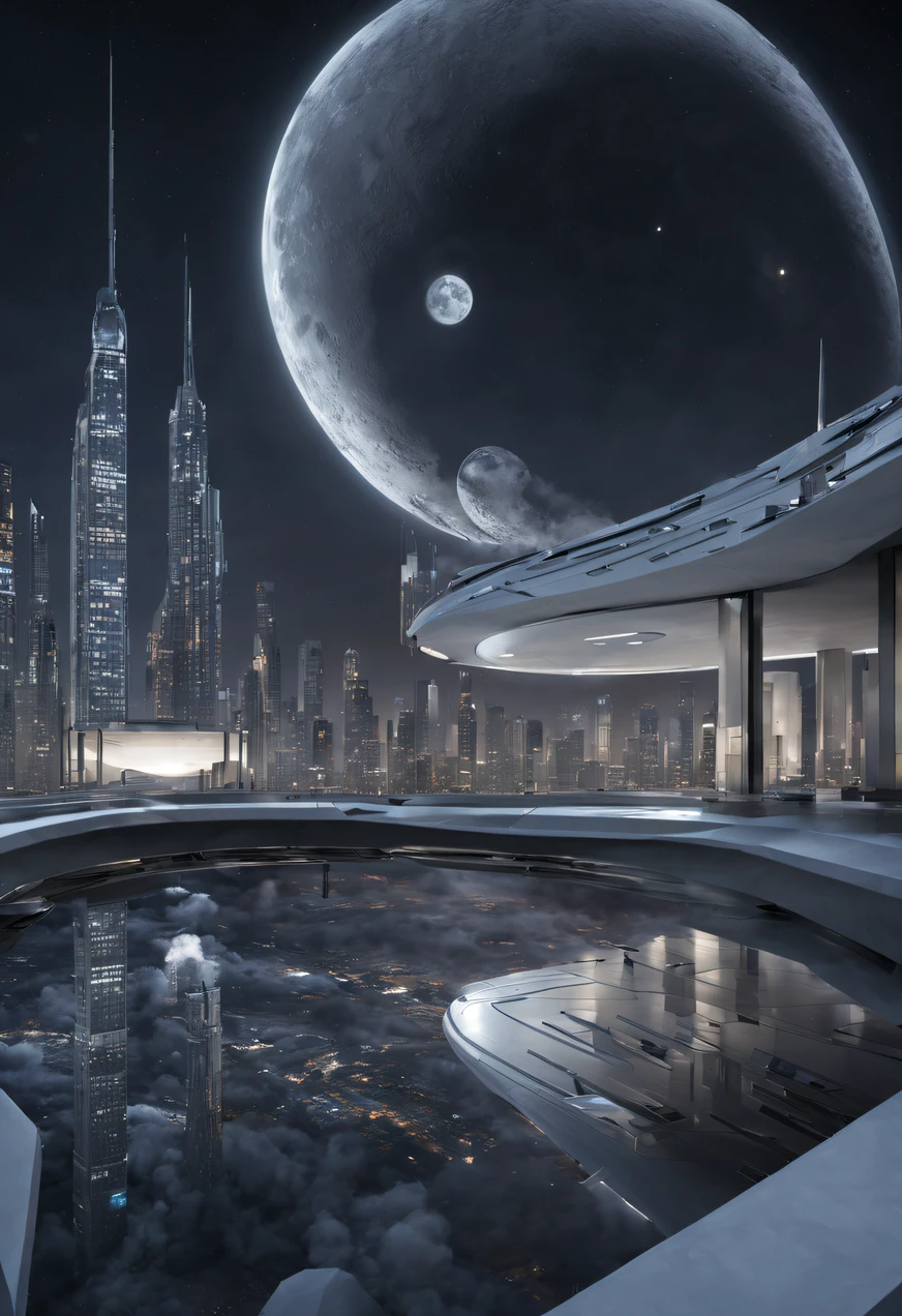 Imagine a futuristic cityscape on the moon, characterized by a striking palette of all white and gray shades. Envision the architectural marvels, with buildings taking on unique shapes such as spheres and domes. Picture these structures seamlessly blending with the lunar landscape, creating a harmonious and otherworldly city. Capture the interplay of light and shadow on the lunar surface, with futuristic buildings casting geometric patterns as they reflect the subdued moonlight. This city represents a vision of advanced technology and innovative design, establishing a breathtaking lunar metropolis that harmonizes with the celestial surroundings.Realistic fantasy rendering,By Chasbio,epic and stunning,archviz,Epic architecture,concept-art。 modern futuristic design,Huge cities in space,Futuristic city landscape,Realistic beehive architecture. from far away, ultra wide angle. Horizon is visible far away, and partial earth visible in sky. Also add a girl in white spacesuit taking selfie of the city