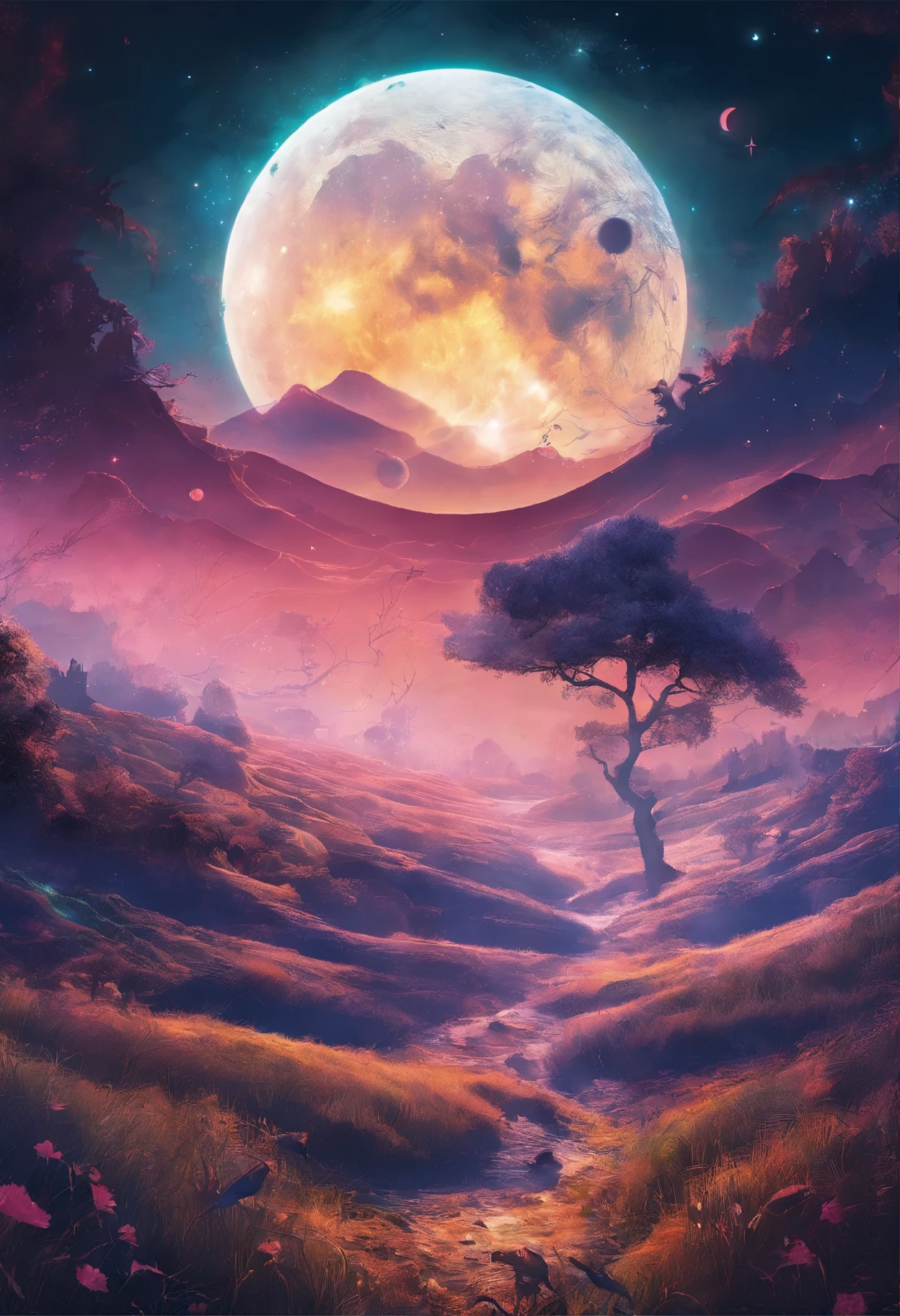 (European style)、(Grassland illuminated by the big moon)、many craters on the moon、A small dragon silhouette is drawn on it..、Ultra-long viewing angle、The ultra -The high-definition、