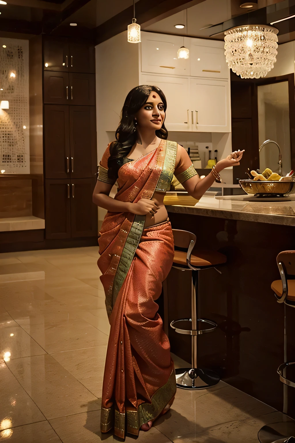 In the heart of this culinary symphony stands Priya, a 28-year-old Indian woman. Her vibrant saree twirls with each confident step, its rich colours mirroring the spices she expertly blends