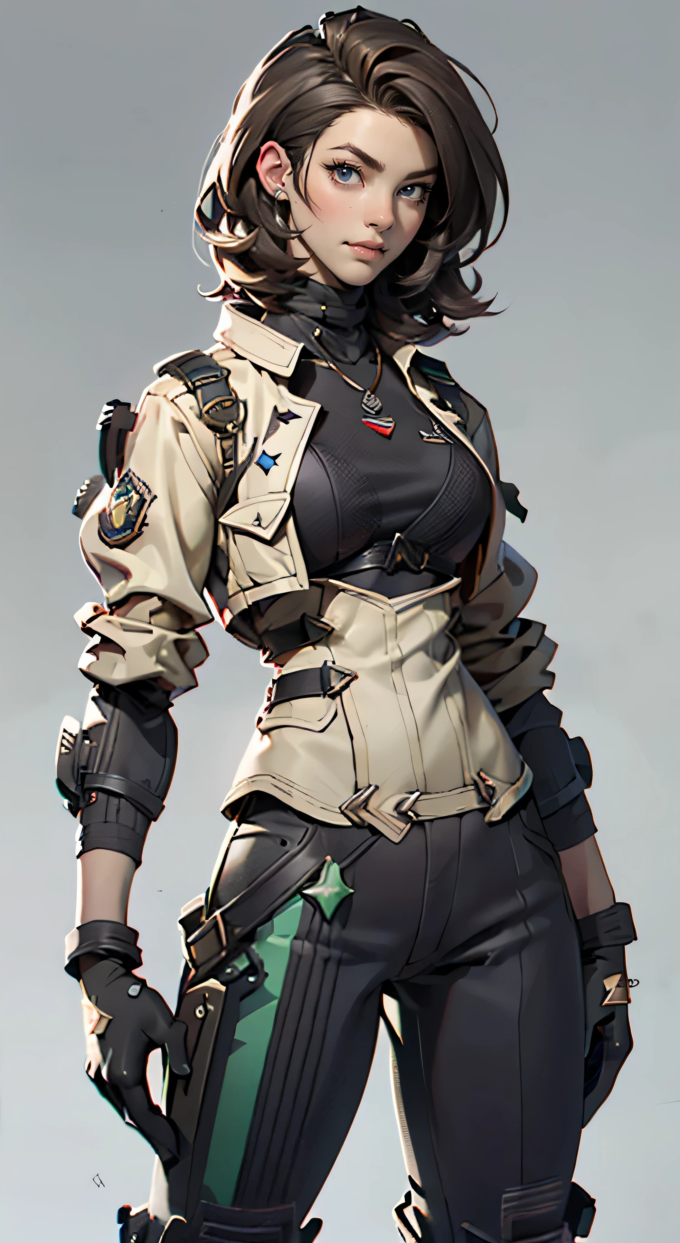 11:23(((Best quality: 1.4))),(Unbeatable masterpiece), (hyper HD),(Hyper-realistic 8k CG)、(of clothes'University teacher'don't show your waist)(dark colored hair) ((( body))), (((1 girl in))), 25-year-old American soldier with perfect body,,Beautiful and well groomed face,muscular body:1.2,detailed solid color jacket, (Pictures from head to thighs), Complex equipment, Dark Green,long trousers,Close-fitting clothes are dark,With white stars and off-white stripes,,,,,Metal electronic parts for armor, Poison tattoos )