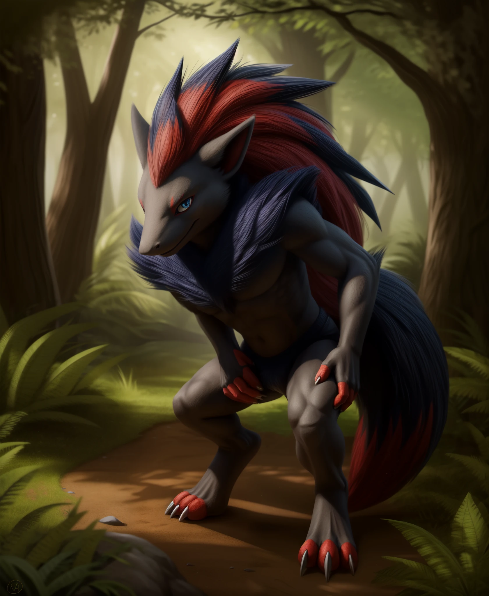 (realistic,photorealistic:1.37),masterpiece,zoroark,looking at viewer,sharp blue eyes,full body portrait, lush green forest background, mysterious atmosphere