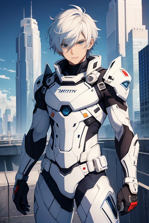 best qualityer，tmasterpiece，Ultimate resolution，top quality, detailed eyes, downy，Extremely colorful，Colorful，men combatants，a young handsome male，white short hair, combat suit, anime art, Steel City background，blue-sky，Normal posture，Normal posture