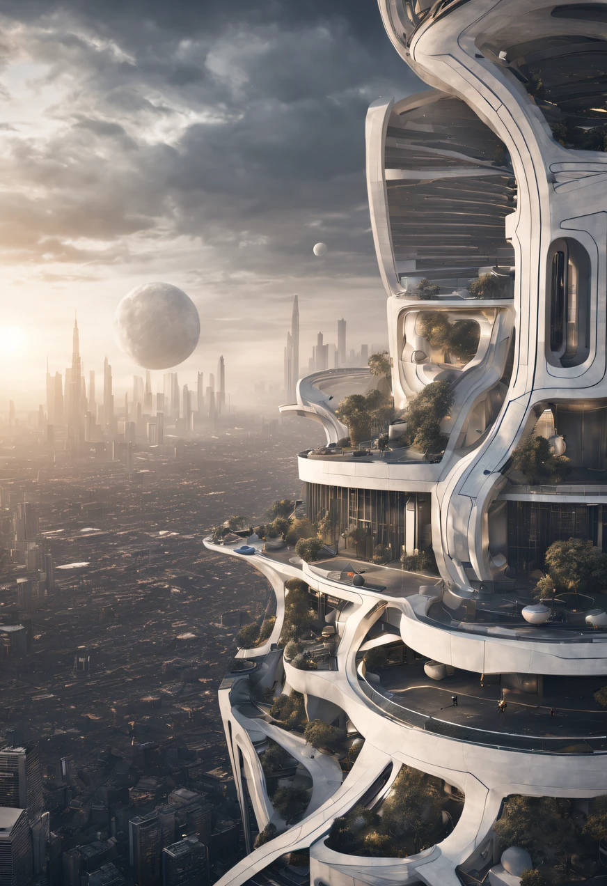 Imagine a futuristic cityscape on the moon, characterized by a striking palette of all white and gray shades. Envision the architectural marvels, with buildings taking on unique shapes such as spheres and domes. Picture these structures seamlessly blending with the lunar landscape, creating a harmonious and otherworldly city. Capture the interplay of light and shadow on the lunar surface, with futuristic buildings casting geometric patterns as they reflect the subdued moonlight. This city represents a vision of advanced technology and innovative design, establishing a breathtaking lunar metropolis that harmonizes with the celestial surroundings.Realistic fantasy rendering，By Chasbio，epic and stunning，archviz，Epic architecture，concept-art。 modern futuristic design，Huge cities in space，Futuristic city landscape，Realistic beehive architecture. from far away, ultra wide angle. Horizon is visible far away, and partial earth visible in sky.  bird's eye view