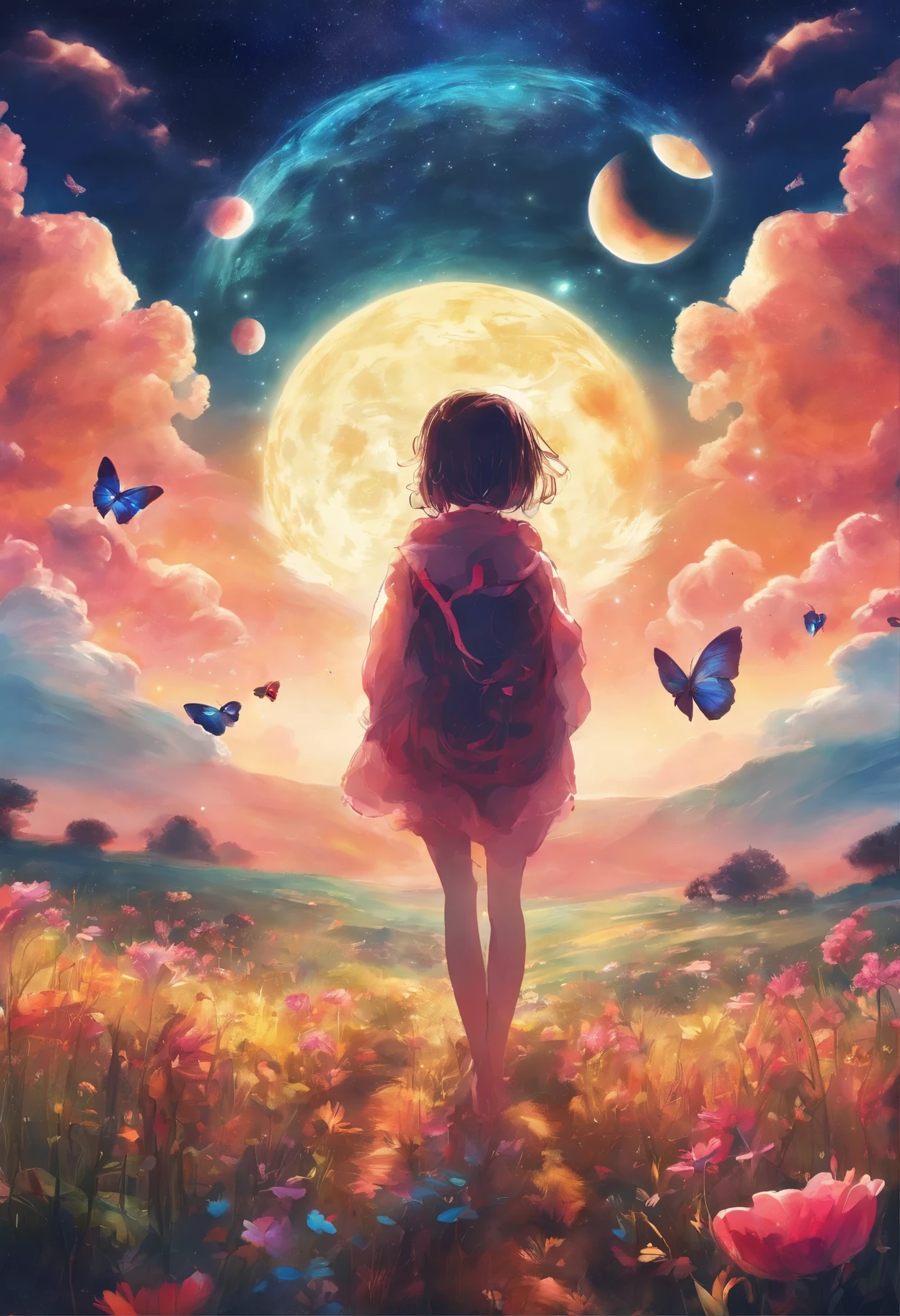 (super realistic style)、(Grassland illuminated by the big moon)、many craters on the moon、brightly colored butterflies々、Ultra-long viewing angle、The ultra -The high-definition、