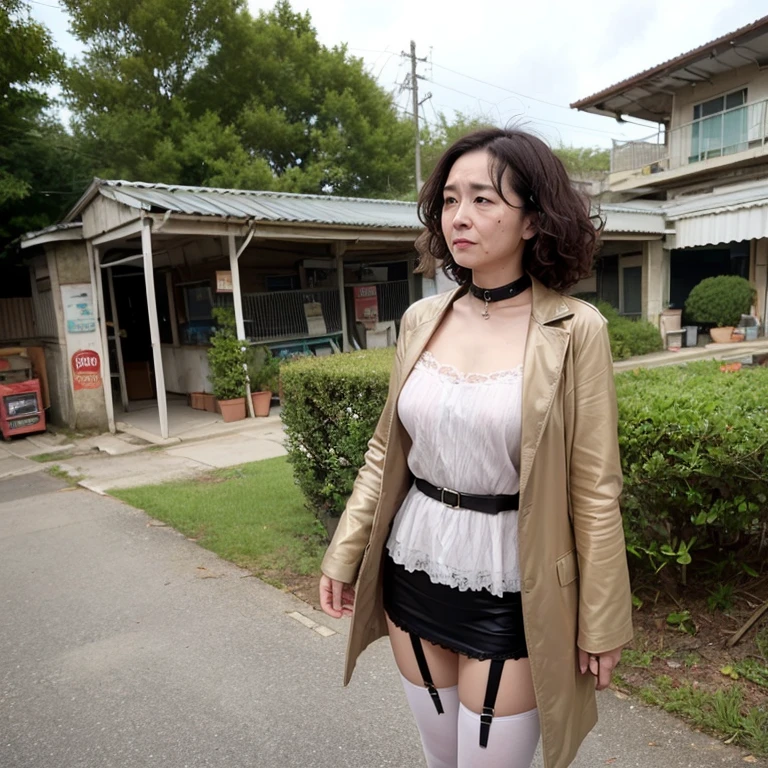 (A strong wind is blowing and her hair is fluttering:1.5)、(It's raining heavily and she's very wet)、(she is a mature woman)、(she looks sad like she's about to cry)、(She is staring at the camera)、(She wears a cute collar with a big bell attached to it and carries it by herself.)、 (She has long golden hair and messy curls.)、(she has a very thin body:1.2)、(she has very small breasts)、(She is wearing an embarrassingly short micro miniskirt.)、(She wears very sensational and unique underwear)、(she wears a frilly garter belt)、 (She's standing)、(She has her hands on her hips)、(she is showing her armpits)、(Top image quality、top-quality、Top resolution、Masterpiece、ultra-detailliert、foco nítido、depth of fields、8K)、(at night or during the day、the weather is cloudy)、(The location is a shopping street in front of a dilapidated station in the countryside.)、(There is a lot of untidy garbage and rotten, rusted, and broken items that have been left unattended for decades.)、(The background is messy)、she is wearing a thin jacket、I'm wearing high heels、have something in hand