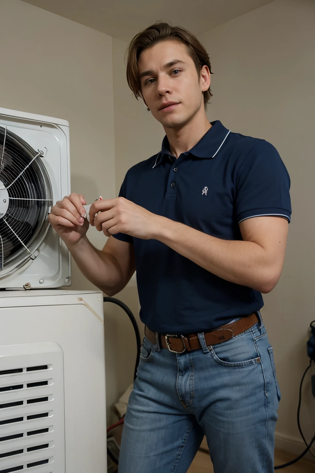 Crie em estilo Disney/Pixar of a man with short blond hair wearing a dark blue polo shirt and jeans repairing an air conditioner on the wall with the lid open. In a clear and harmonious environment, very spacious