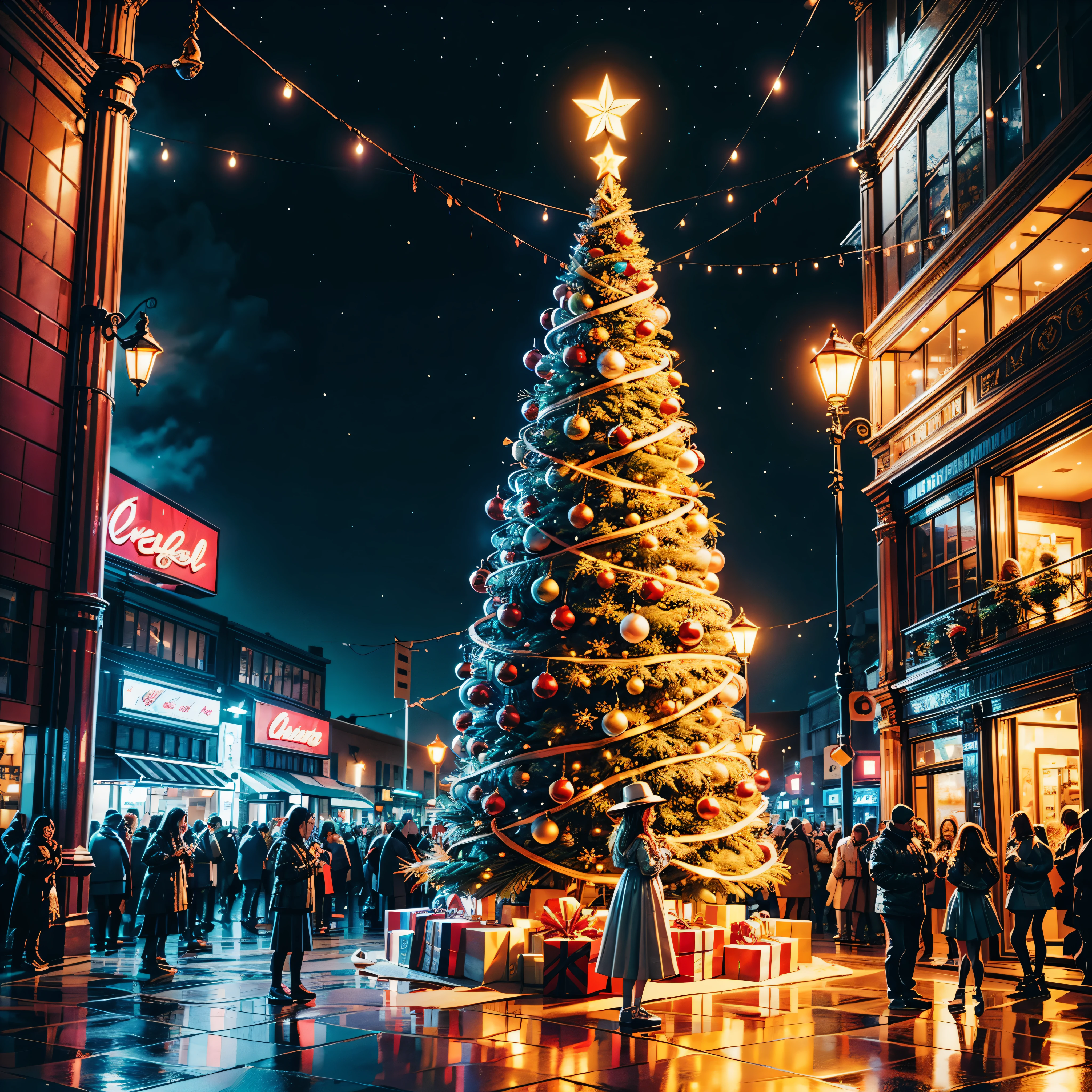 (((Vector illustration style))),Vibrant colors, magical ambiance, Whimsical, Sparkling, Fantasy Christmas World,vibrant with colors, vivd colour, Magical atmosphere, Whimsical, Sparkling,Fantasy Christmas World,Inside the Christmas mall,The huge Christmas tree hung with lights、pompon、Christmas socks,Christmas pendants,Piles of gifts placed under the tree。A young couple and a child admire the Christmas decorations in the mall,Surrounded by performers in Santa Claus costumes and Santa Claus statues。The Christmas mall like a fairy tale world,full of magic, (Ghibli-like colours, pov, first-person view, accurate, anatomically correct, super detail, high details, high quality, award winning, best quality) 🎈🍦🍹❤🔆🕡(😘👩🎀👗⚜👒🥿👡🩲💅)🎪🎢🎡🎠 ultra_high-def ultra_Photo-realistic optimal ultra_high-quality opengl-shaders ultra_high-details accurate reflex ultra_high-res perfection volumetric lightning improved Octane_rendues UHD XT3 DSLR HDR 3dcg shadow analogiques extatiques symmetrical beholder sundrop Cinematic_sunlight UnrealEngine5 Ultra Masterpiece deep path Equirectangular_360 varied multi etc. --s 1000 --c 20 --q 20