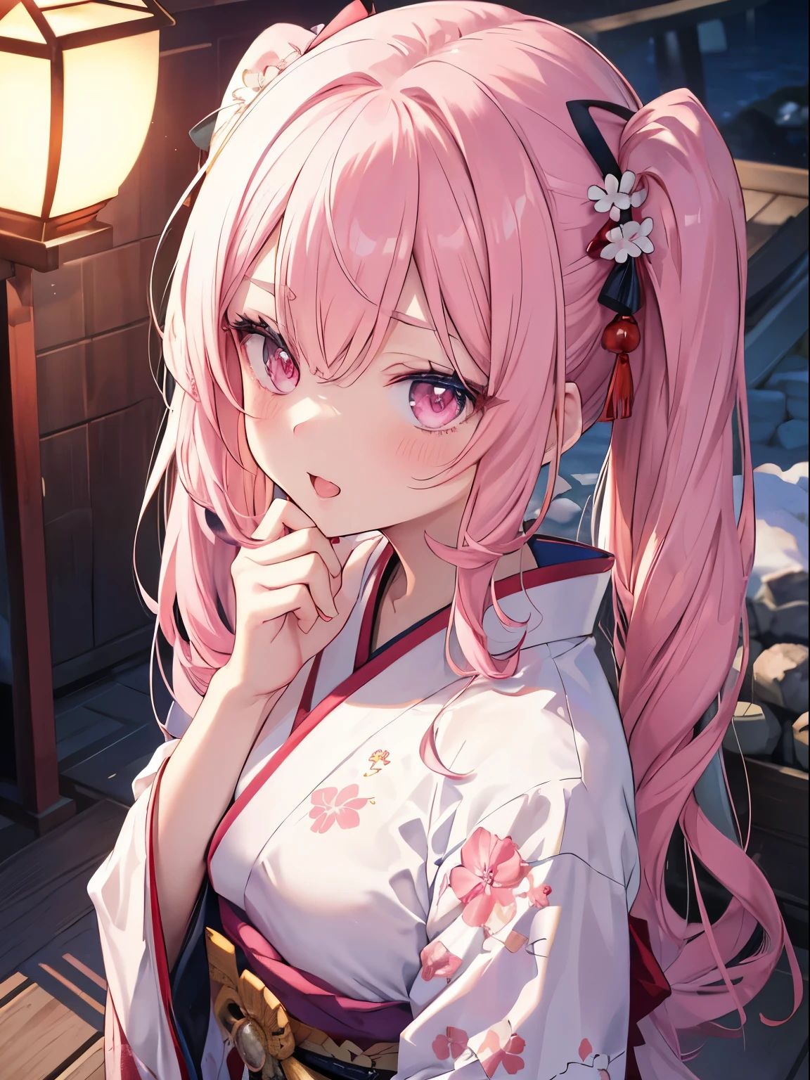 masutepiece, Highest Quality, (Perfect face:1.1), (high detailing:1.1), (ultradetailed eyes), Dramatic, superfine illustration, Extremely detailed,1girl in, (pale skin), Happy, Laugh, Enjoy, Cheerful,Open mouth,gloweyes,pinkhair, (long twintail),Ethereal eyes, pink eye,(light eyebrow),blush, Solo,Pouty lips,Cinematic lighting,upper body,Looking up,learning forward,from above, put one's hand over one's mouth,kimono,outdoor,shrine,winter backgraund