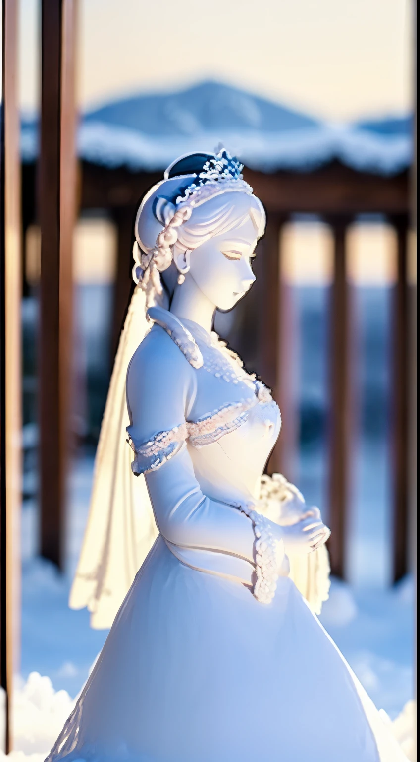 A snow sculpture of a sculpted Han Dynasty beauty, reimagined as a frosty statue and frozen in a moment of contemplation. The snow maiden sits peacefully on a park bench, embodying the delicate balance between realism and artistic interpretation. Her traditional Han Dynasty shoes, with their embroidered footwear, silk slippers, lotus leaf sole, and elevated heel, add a touch of authenticity and elegance to the overall design.
The detailed snow likeness showcases the realistic snow carving, emphasizing the smooth texture and intricate details of the luxurious hanfu with flowing sleeves and intricate embroidery adorned with floral patterns and cloud designs. The monochromatic white palette highlights the Chinese traditional style, while jade accessories add a touch of timeless grace.
The three-dimensional form of the sculpture is emphasized through a balanced composition, foreground emphasis, and background blur, achieved through a wide-angle shot that offers a panoramic view of the complete figure. The soft lighting casts gentle shadows, enhancing the cold tones of the snow and creating depth of field that draws the viewer's attention to the intricate details of the carving. The graceful posture and lifelike features of the snow maiden are captured in stunning detail, conveying a sense of introspection and inner peace.
The outdoor setting, surrounded by natural surroundings and a winter landscape, adds a sense of tranquility and stillness to the scene. The snow maiden's closed eyes and closed mouth evoke a sense of meditation and contemplation, as she sits amidst the beauty of the winter wonderland.
Photographed by Lois Conner using a Phase One XF IQ4 150MP with a 35mm lens, this image celebrates the artistry and historical significance of this stunning snow sculpture. The snow maiden stands as a testament to the enduring beauty and cultural heritage of the Han Dynasty, frozen in time for all to admire. --v 5 --q 2