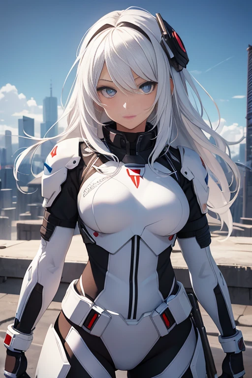 best qualityer，tmasterpiece，Ultimate resolution，top quality, detailed eyes, downy，Extremely colorful，Colorful，woman combatants，a young pretty female，white hair, combat suit, anime art, Steel City background，blue-sky，Normal posture