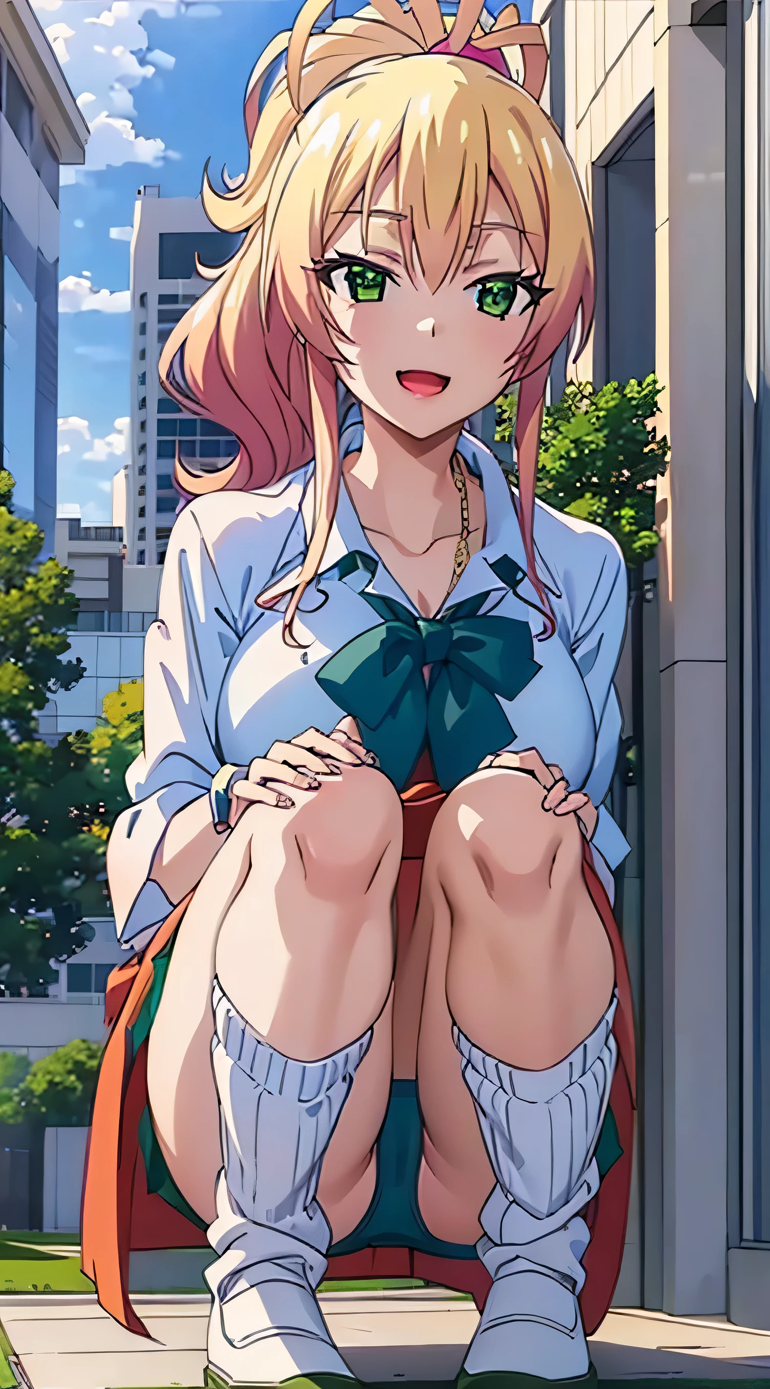 High quality,1womanl, Yame, Slim waist, plein air, nightcity, ((Super large breasts)), Blonde hair, Green eyes, Ponytail hair, Smile, Ultra mini skirt, green school Uniform, White shirt, Loose socks, White thong panties,  white  panties, Open mouth, Watch on camera, close up of shorts, squatting with legs open, I can see the thin pants, Manstreak, Fingers４Bokenの親Fingers１Boken