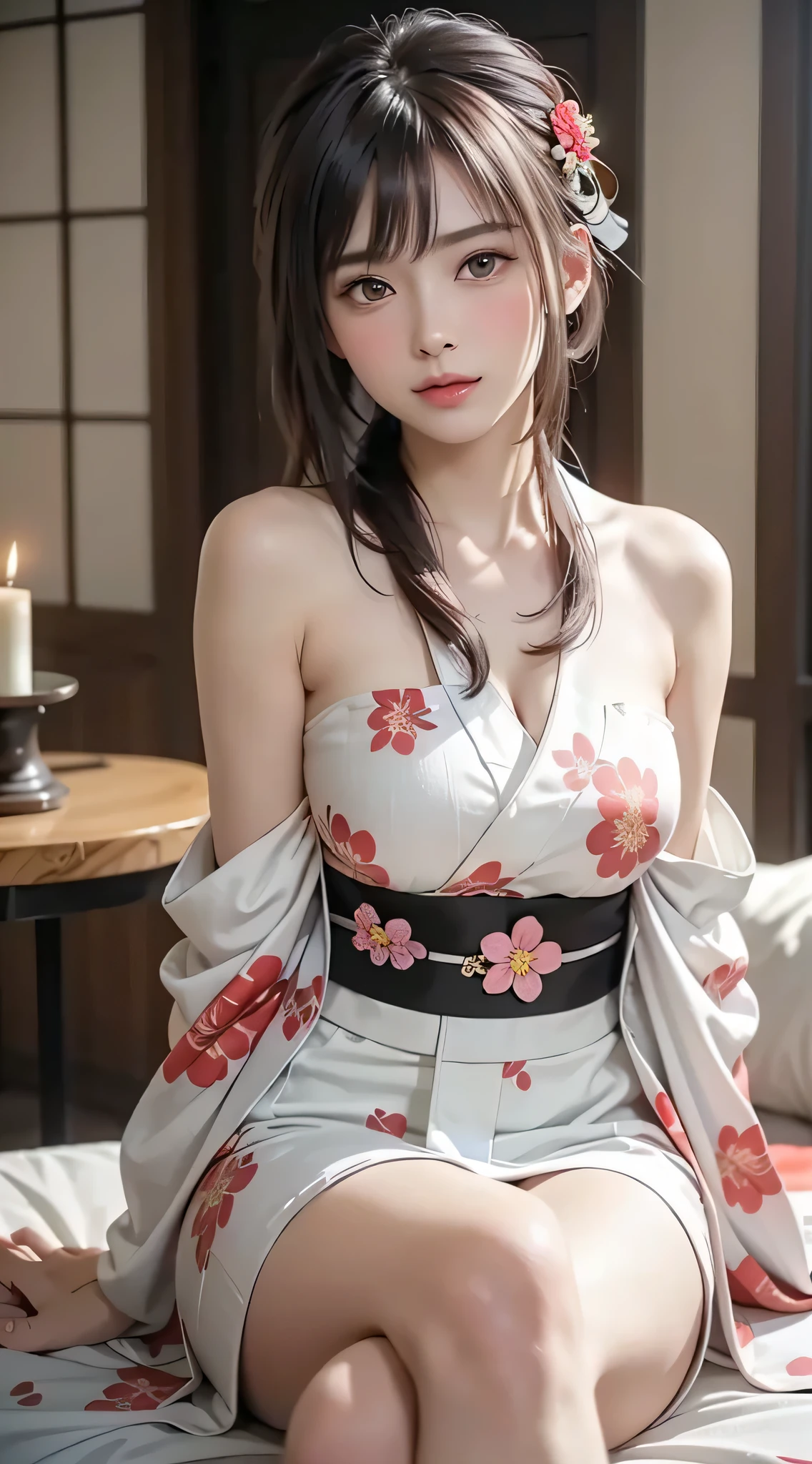 up do hairstyle, 1girl in, Extremely beautiful, Extremely cute, Amazing face and eyes, (large round eyes:1.15), Very calm look, (extremely detailed beautiful face), (Courtesan style beautiful and Cute floral kimono:1.5), (Bare shoulders:1.3), (Best Quality:1.4), (Ultra-detailed), (A hyper-realistic, Photorealsitic:1.37), Beautiful fair skin, extremely detailed CG unified 8k wallpaper, RAW Photos, professional photograpy, Cinematic lighting, Sitting, Spread your legs wide open, (Rat trail ditch, Private part:1.2), Staring at me, (Beautiful Floral Wallpapers), Bedroom, futon bedding, PILLOWS, dark Bedroom, Candle lighting, peaceful ambiance, (Courtesan style:1.4),