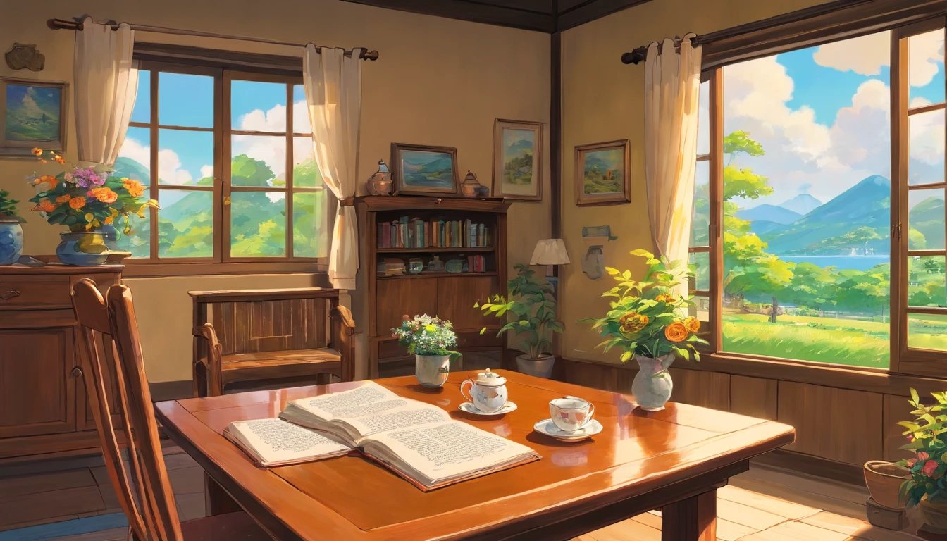 realisticlying, For real, beautiful and amazing landscape oil painting, room for the elderly, Next to the window,rocking chair, Tea and reading glasses were placed on the table.
