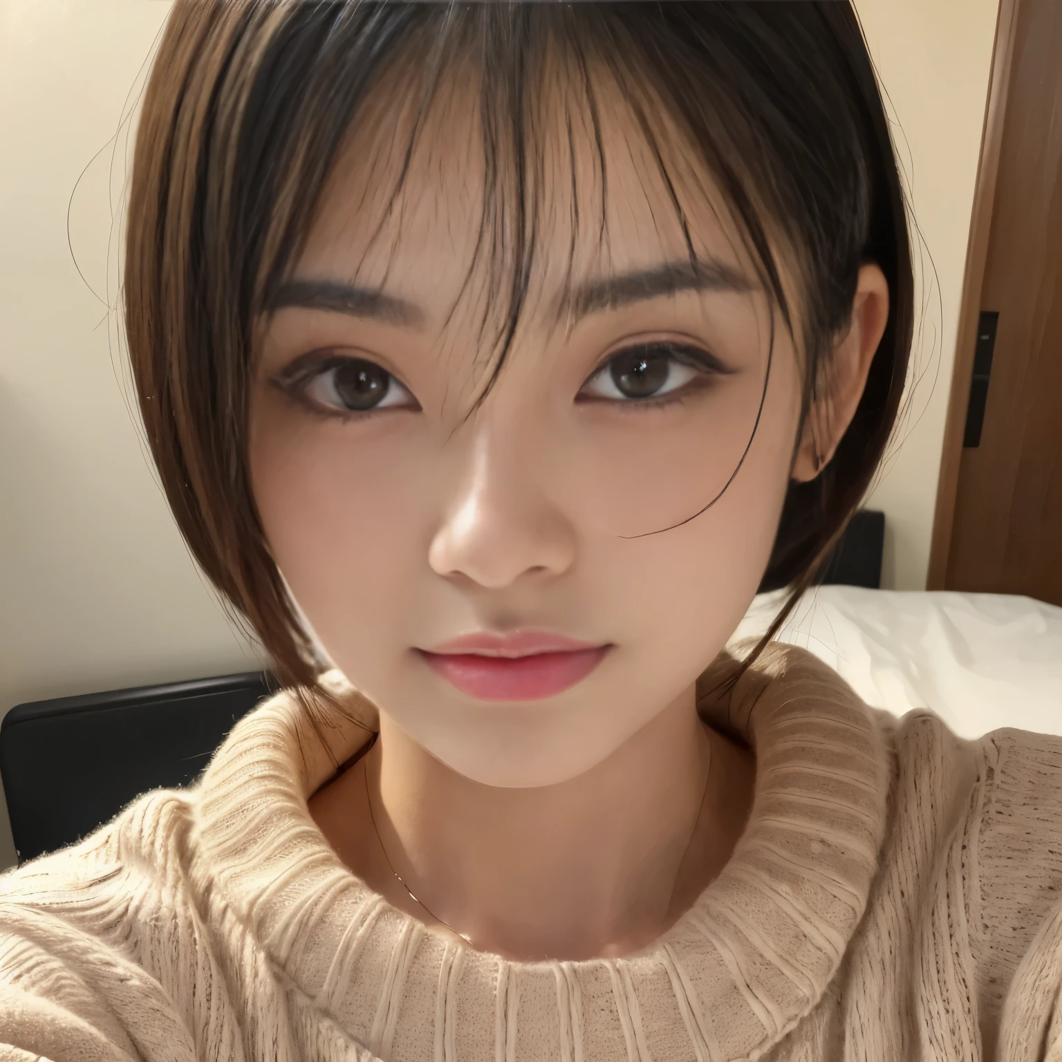 ((Best-quality, Masterpiece, Ultra-High-Resolution, (Photorealistic:1.4), Raw-Photo, Extremely-Details, Perfect-Anatomy)), 1girls, 18-years-old, the most popular Japanese idol, extremely cute face like a most famous Japanese idol, extremely beautiful big-black-solid-eyes, extremely beautiful black-short-cut-haired, extremely beautiful lips, extremely beautiful long-eyelashes, (extremely beautiful realistic-skins, wearing only loose-sweater, portrait, selfie