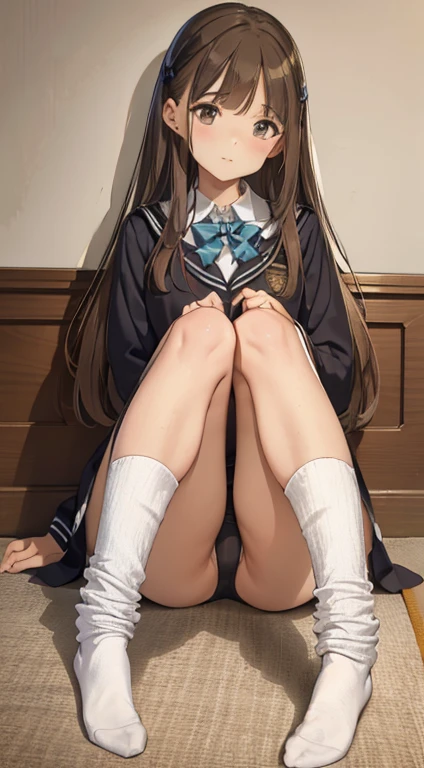 Masterpiece Top Quality High Resolution、Anna Tanaka , Long hair, Sit with your knees bent、Eight-headed body、beauty legs 、in a school、As if looking up from below、Ashamed