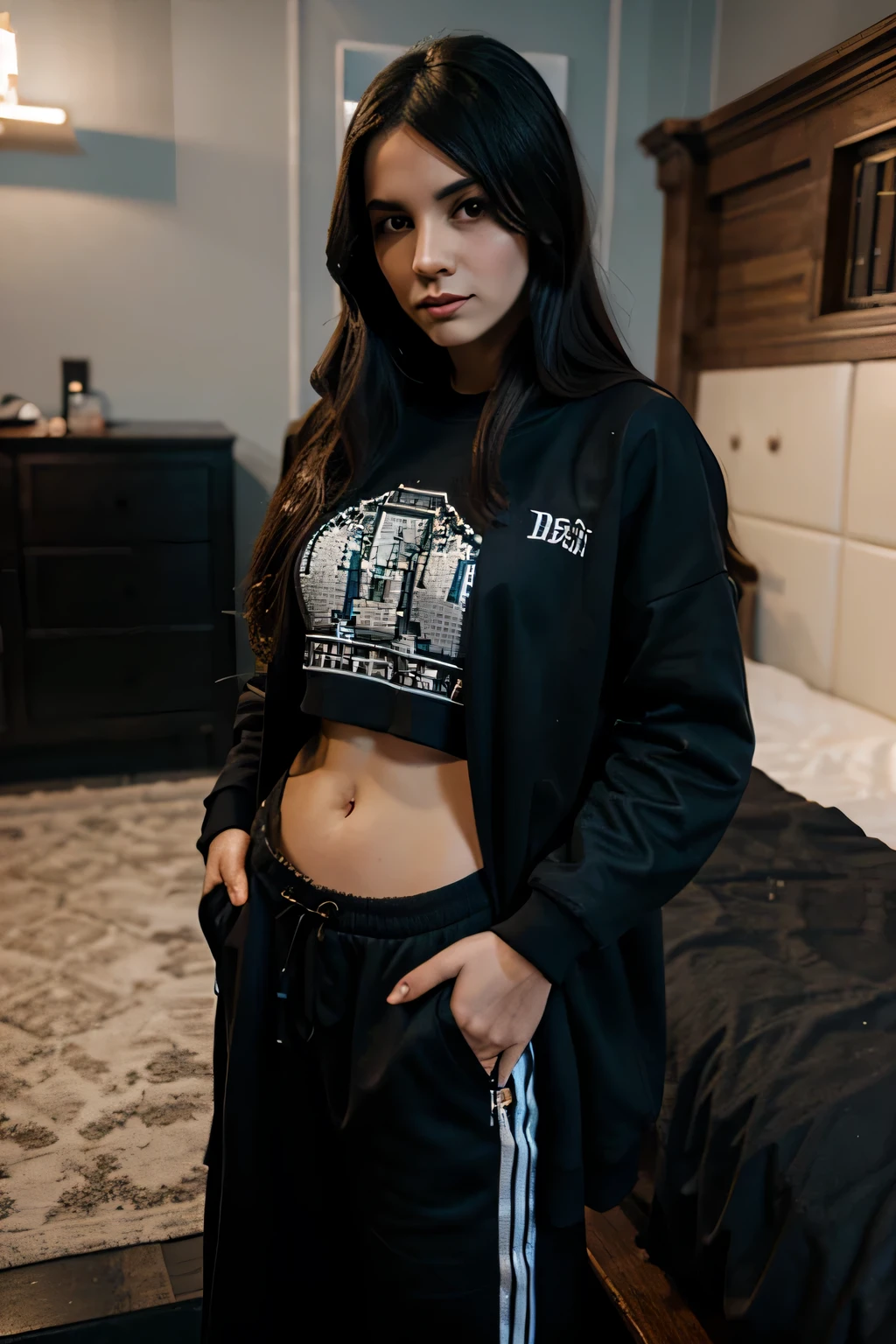 (pixelart: 1.2), beautiful gothic women, Sexy goth girl, Designer sweatshirt with logos, pants, Cabello negro corto con puntas azules, dormitorio, acostado en la cama, (por Isaac quek: 0.8) [por ilya kuvshinov: 0.65]