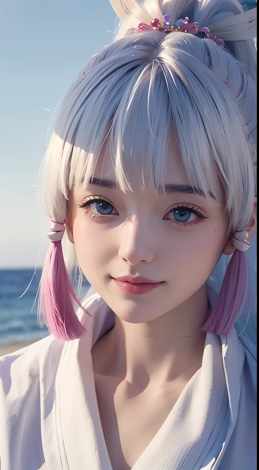 Best quality at best，tmasterpiece，Extremely Delicately Beautiful，The content is very detailed，CG，gatherings，8k wallpaper，An Astonishing，depth of fields，1 Chinese girl，very beautiful look，delicate skin，Flawless Face，plain face，white color hair，长长的white color hair，high ponytails，There are two strands of white hair on both sides of the ears，Wear pink hair accessories，Eye color is sky blue，Elaborate Eyes，Eyes sparkle，grin face, Put on a sailor suit、medium  tits、Have by the sea、(On the beach)、  电影灯光, realistically, tmasterpiece, Best quality, Complex CG, The face is very detailed, high detail eyeull bodyesbian locked，Full body lesbian