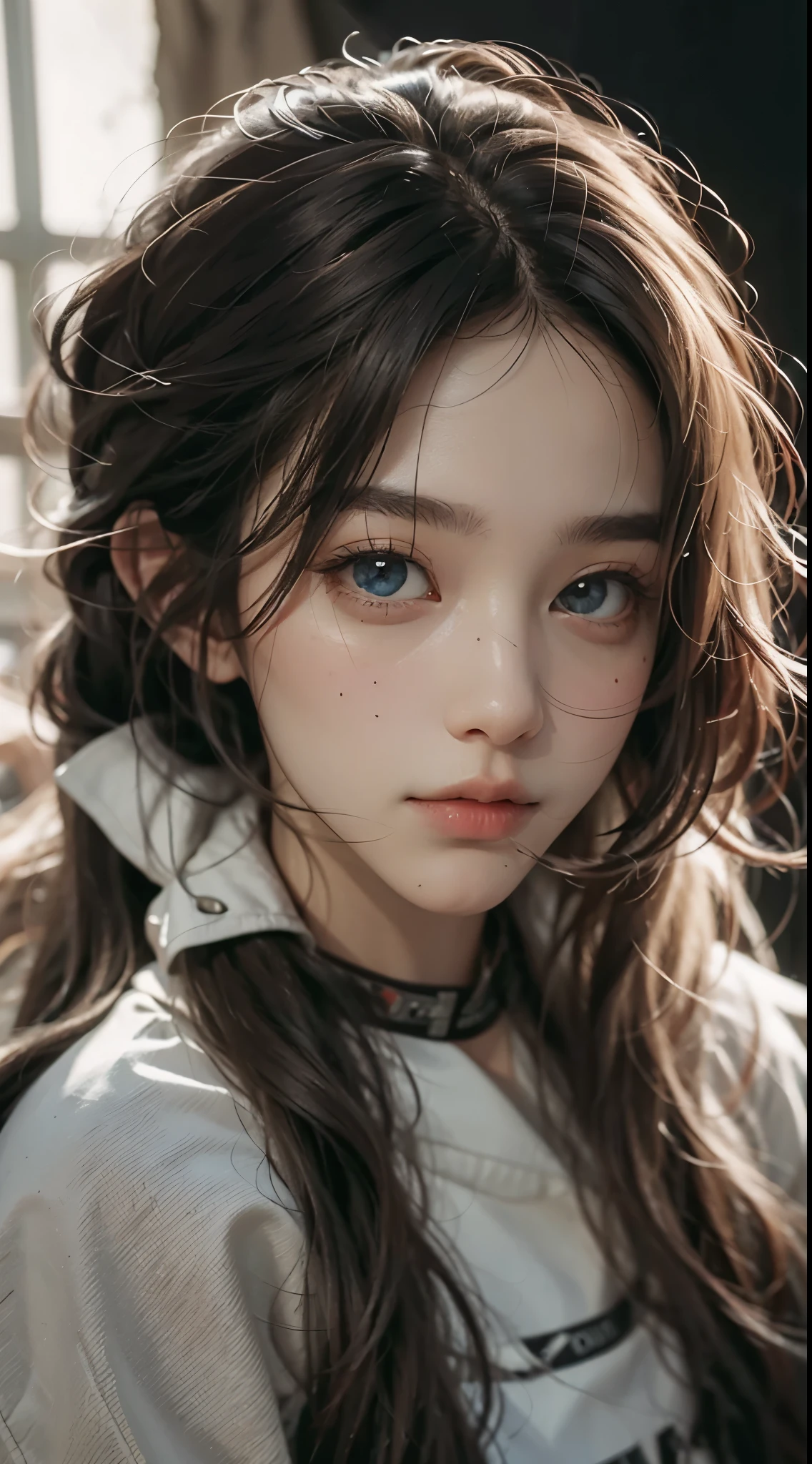 Best Quality, masutepiece, 超A high resolution, (Photorealistic:1.4), Raw photo, 1girl in, off shoulders, long pony hair, Indoor, Summer noon,Detailed eyes,(realisticeyes),delicated face,realskin,detailed hairs,Detailed skin,Beautiful face,