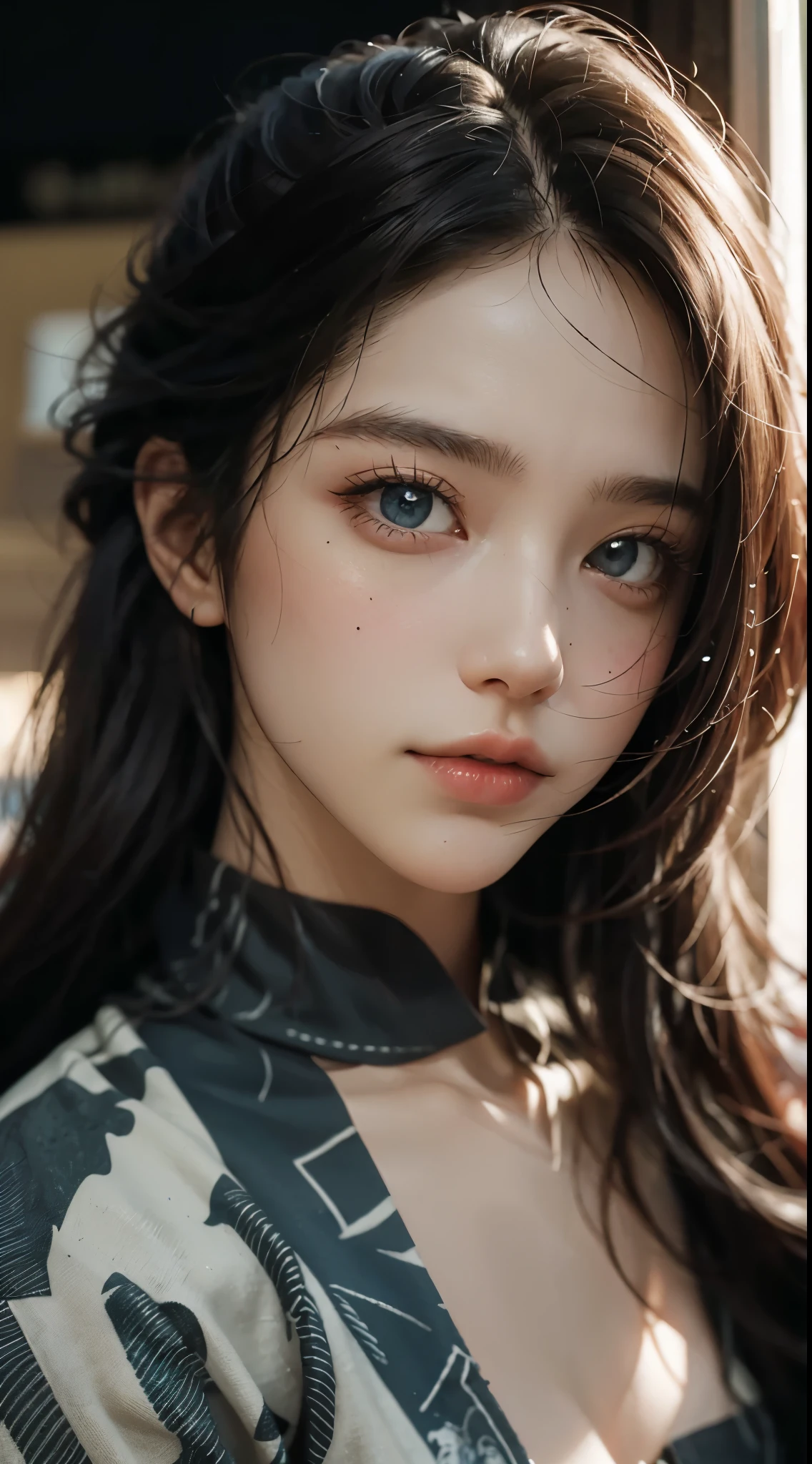 Best Quality, masutepiece, 超A high resolution, (Photorealistic:1.4), Raw photo, 1girl in, off shoulders, long pony hair, Indoor, Summer noon,Detailed eyes,(realisticeyes),delicated face,realskin,detailed hairs,Detailed skin,Beautiful face,