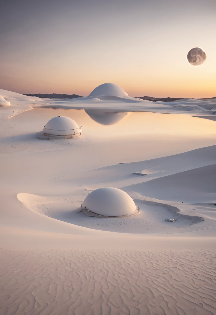 white vast desert with several white domes on it, 20 geodesic domes, 29 Domes, Glamping, geodesic,20 Geodesic Dome, geodesic architecture, Domespace, Vila Solarpunk, geodesic building, hexadomo, 20 glass domes, Cantina Solarpunk, Ecovila, tone of gray white and silver, bird view, Generate a captivating image of a surreal and futuristic landscape featuring a vast white desert under the moon's gentle glow. Picture the moon's surface transformed into a serene and otherworldly expanse, where the lunar terrain takes on a soft, ethereal quality. Envision the moonlit desert with undulating dunes and a sense of tranquility under the cosmic night sky.

Capture the interplay of light and shadows as the moonlight bathes the white desert in a gentle glow, creating an atmospheric and dreamlike scene. The futuristic touch could be added through subtle details, such as high-tech structures or celestial elements that enhance the overall ambiance. The image should evoke a sense of calm, mystery, and the boundless beauty of an imagined lunar landscape  Generate a striking image of a futuristic moon surface at night, featuring a vast white desert illuminated by the soft glow of the moon. Picture ten dome-like structures seamlessly integrated into the lunar landscape, each illuminated from within. Envision the structures as futuristic habitats, casting a gentle light on the lunar terrain. Capture the serene and surreal beauty of this lunar scene, highlighting the contrast between the pristine white surface and the softly lit domes against the lunar night sky