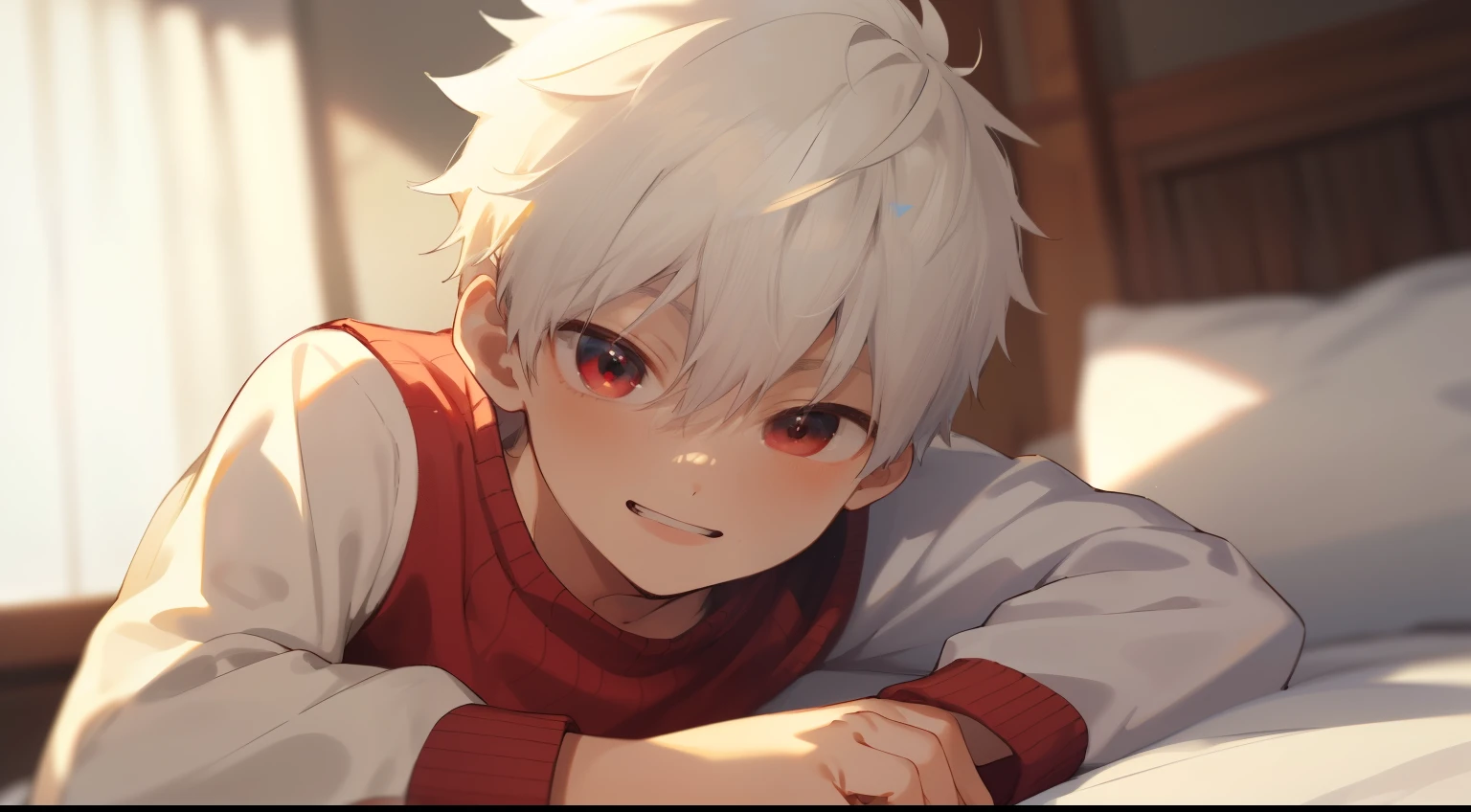 ((masterpiece)),(((best quality))), (high-quality, breathtaking),(expressive eyes, perfect face), 1boy, solo, male, short, young, small boy, short white hair, red eyes, smiling, blushing, long sleeve sweater, short shorts, indoors, lying on bed, stuff animal, cute, sweet, close up