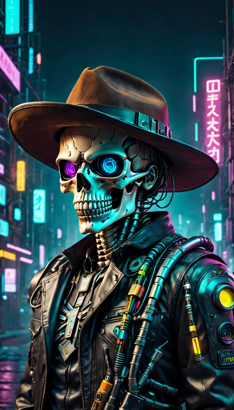 (Best quality,4K,8K,A high resolution,tmasterpiece:1.2),ultra - detailed,(actual,photoactual,photo-actual:1.37),cyber punk perssonage，skeleton head，machine arm，metalictexture，cowboy hat，Cockade，Neon brim，A futuristic，vibrant with colors，EDM sharp，Dystopian cityscape，Network enhancement，glowing light eyes，jaqueta de couro，high-tech weapon，wires and cables，Retro-Future，nighttime scene，Mixed reality。