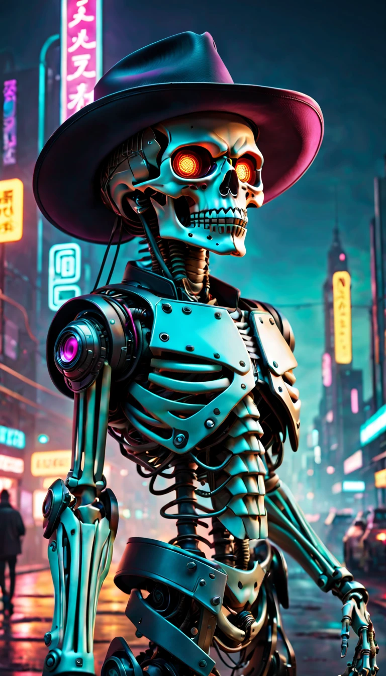 (Best quality,4K,8K,A high resolution,tmasterpiece:1.2),ultra - detailed,(actual,photoactual,photo-actual:1.37),cyber punk perssonage,skeleton head,machine arm,metalictexture,cowboy hat,Cockade,Neon brim,A futuristic,vibrant with colors,EDM sharp,Dystopian cityscape,Network enhancement,glowing light eyes,jaqueta de couro,high-tech weapon,wires and cables,Retro-Future,nighttime scene,Mixed reality。