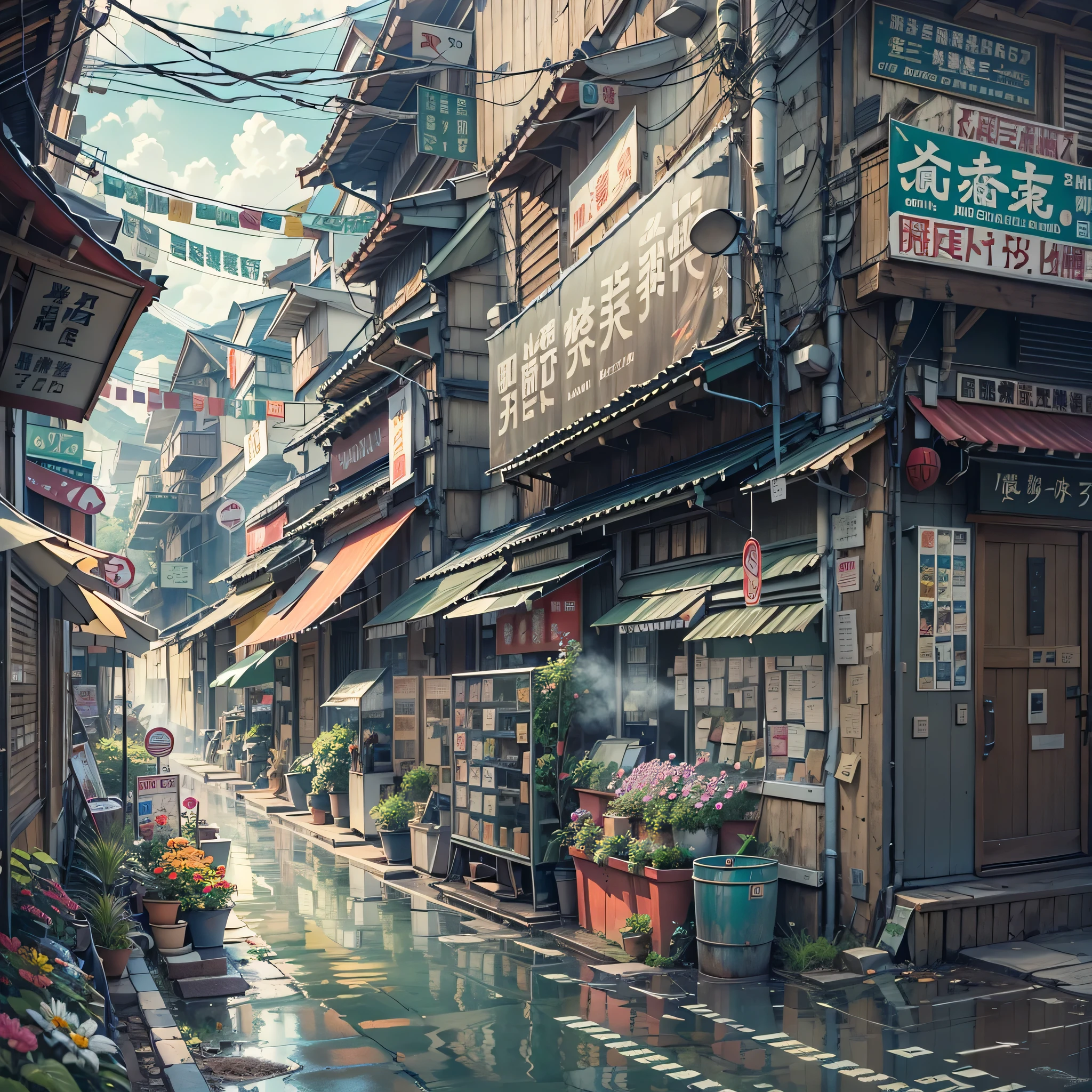 anime backgrounds, empty, A modern Japanese city street by the river. Japanese cartoons, Japanese cartoons style. barrel, flower pots, dSateens, Vents, Air circulation, gutter, pipelines, electrical wires, Japanese large store sign, Vintage Japanese shop width. (NOhumans :1), NOhumans in sight. gloomy weather, Sateen, heavy Sateenfall, heavy Sateen, water puddles. Best quality.