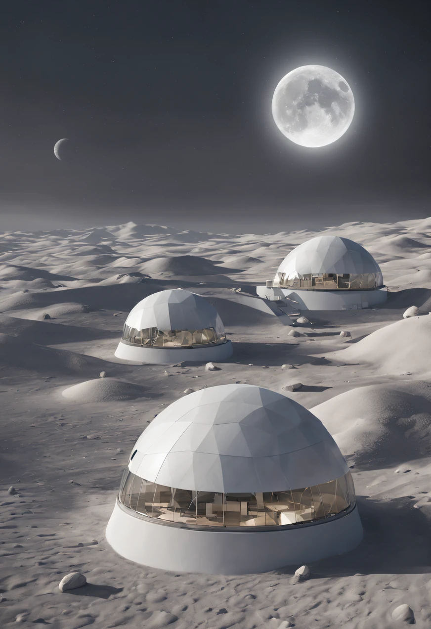 white vast desert with several white domes on it, 20 geodesic domes, 29 Domes, Glamping, geodesic,20 Geodesic Dome, geodesic architecture, Domespace, Vila Solarpunk, geodesic building, hexadomo, 20 glass dome, Cantina Solarpunk, Ecovila, tone of gray white and silver, brids eye view.Generate a captivating image of a futuristic scene on the moon's surface at night. Picture a vast expanse of white desert, illuminated by the soft glow of moonlight. In the distance, visualize ten dome-like structures rising from the lunar landscape, their exteriors bathed in shades of gray and white.
Capture the surreal beauty of the lunar environment, with the domes seamlessly blending into the pristine moon surface. The scene should evoke a sense of tranquility and futuristic elegance, emphasizing the contrast between the stark lunar landscape and the architectural marvels in grayscale tones.