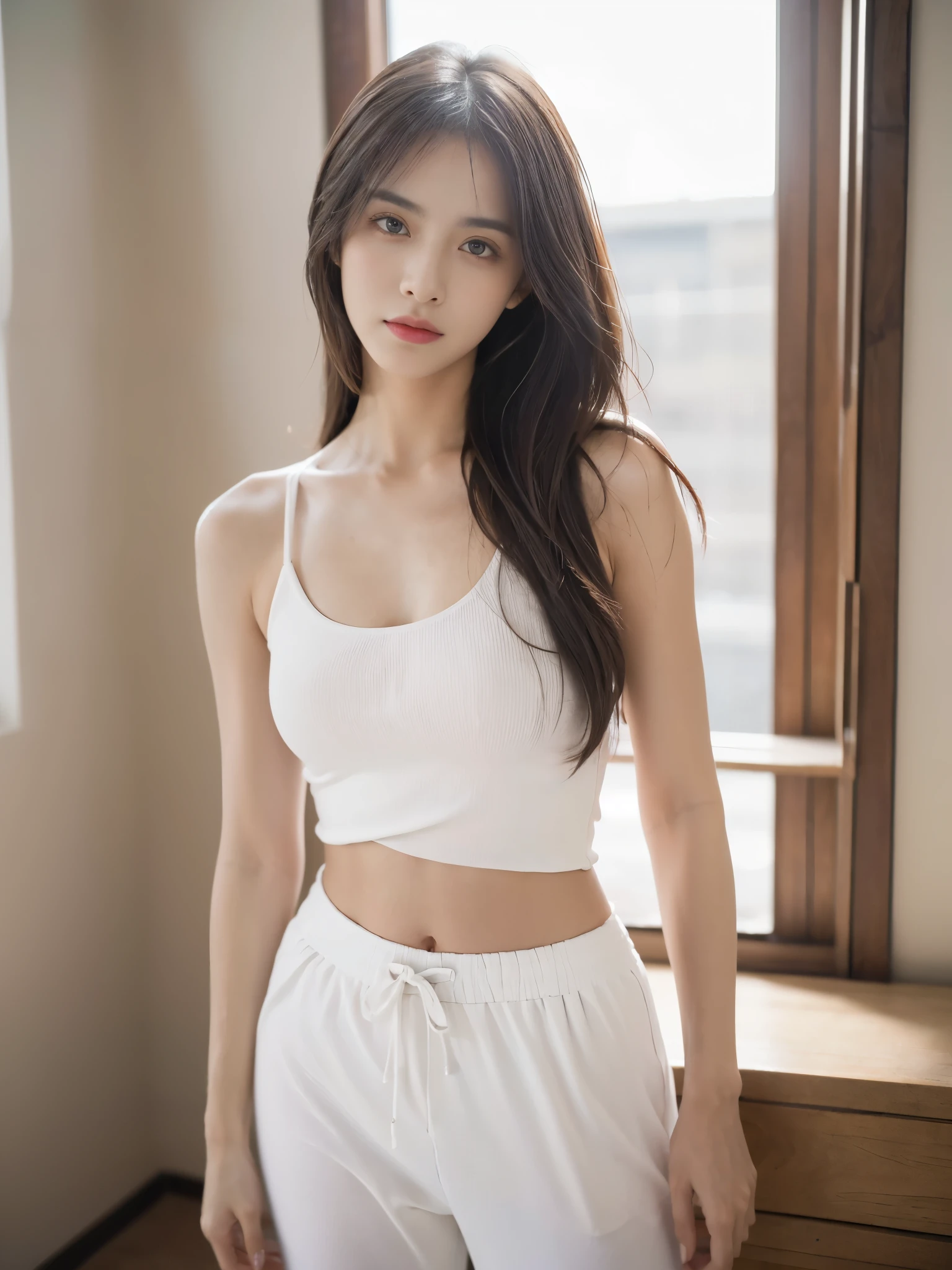 この画像の詳細promptは以下の通りです:
**prompt:**
Depicts a beautiful Japanese girl character sitting by the window。She has medium-long wavy hair、Has clean white skin。The background is a modern room illuminated with blue lighting.、The light from the window is soft.。The character is wearing a thin white camisole and pants.、There is a relaxed atmosphere。Posing with one hand on head、Place your other hand on the floor、It's a natural posture, like gazing out the window.。The technique of illustration、The depiction of light and shadow is realistic.、Costume textureや肌の滑らかさが細かく表現されています。In portrait mode、Ultra-realistic live-action finish。
**Specific elements:**
- Beautiful Japanese girl character - Medium long wavy hair and white skin - Modern interior with blue lighting - Soft light from the window - Thin white camisole and pants - One hand on head、Natural pose with other hand on the floor - Realistic depiction of light and shadow、Costume texture、肌の滑らかさの細かい表現
- 縦画面の構図
- 超リアルな実写系の描写
このpromptに基づいて、I will create an illustration that brings out the beauty of the characters and the atmosphere of the blue lighting in the background to the fullest.。