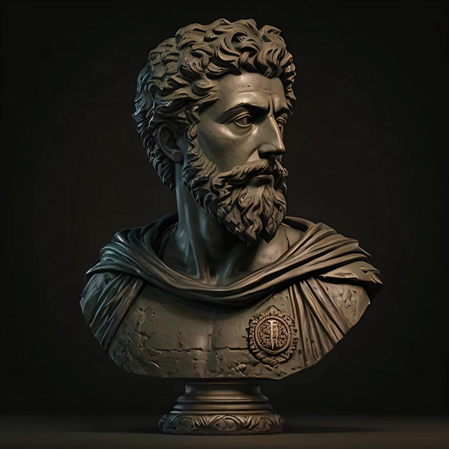 un primer plano de un busto de un hombre con barba, cinematic retrato busto, Escultura realista de 8K Bernini, cinematic bust shot, Escultura altamente detallada, cinematic closeup of bust, Estatua grecorromana, Emperador romano, retrato busto, high detail iconic character, busto con detalles intrincados, Arte Zbrush, busto con un hermoso cuello, busto marco aurelio