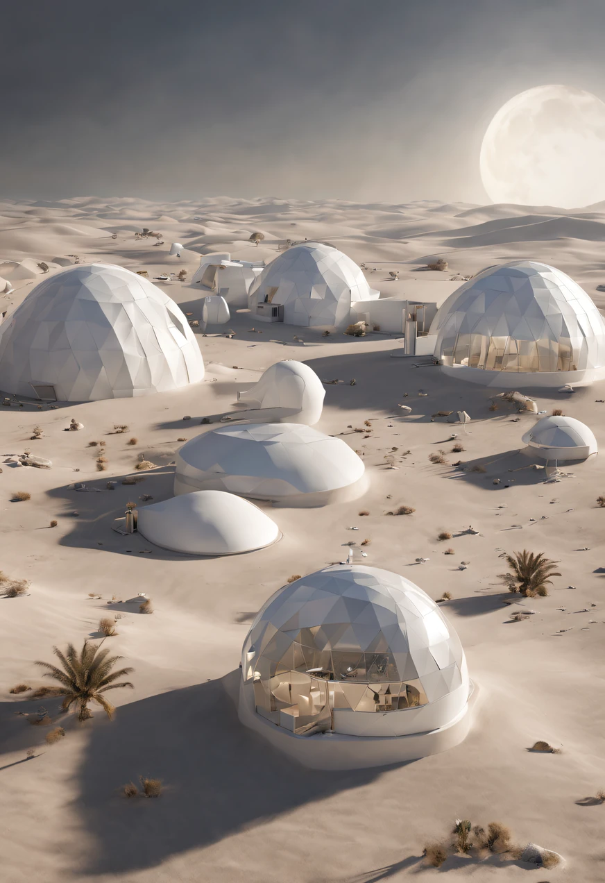 white vast desert with several white domes on it, 20 geodesic domes, 29 Domes, Glamping, geodesic,20 Geodesic Dome, geodesic architecture, Domespace, Vila Solarpunk, geodesic building, hexadomo, 20 glass dome, Cantina Solarpunk, Ecovila, tone of gray white and silver, brids eye view.Generate a captivating image of a futuristic scene on the moon's surface at night. Picture a vast expanse of white desert, illuminated by the soft glow of moonlight. In the distance, visualize ten dome-like structures rising from the lunar landscape, their exteriors bathed in shades of gray and white.
Capture the surreal beauty of the lunar environment, with the domes seamlessly blending into the pristine moon surface. The scene should evoke a sense of tranquility and futuristic elegance, emphasizing the contrast between the stark lunar landscape and the architectural marvels in grayscale tones.