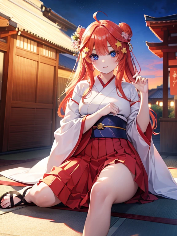 red hair,blue eyes,twintails,Wafuku,Geisha,loli,the most popular courtesan,solo,long hair,Japanese,{{best quality}}, {{masterpiece}}, {{ultra-detailed}}, {illustration}, {detailed light}, {an extremely delicate and beautiful}, girl,cute,