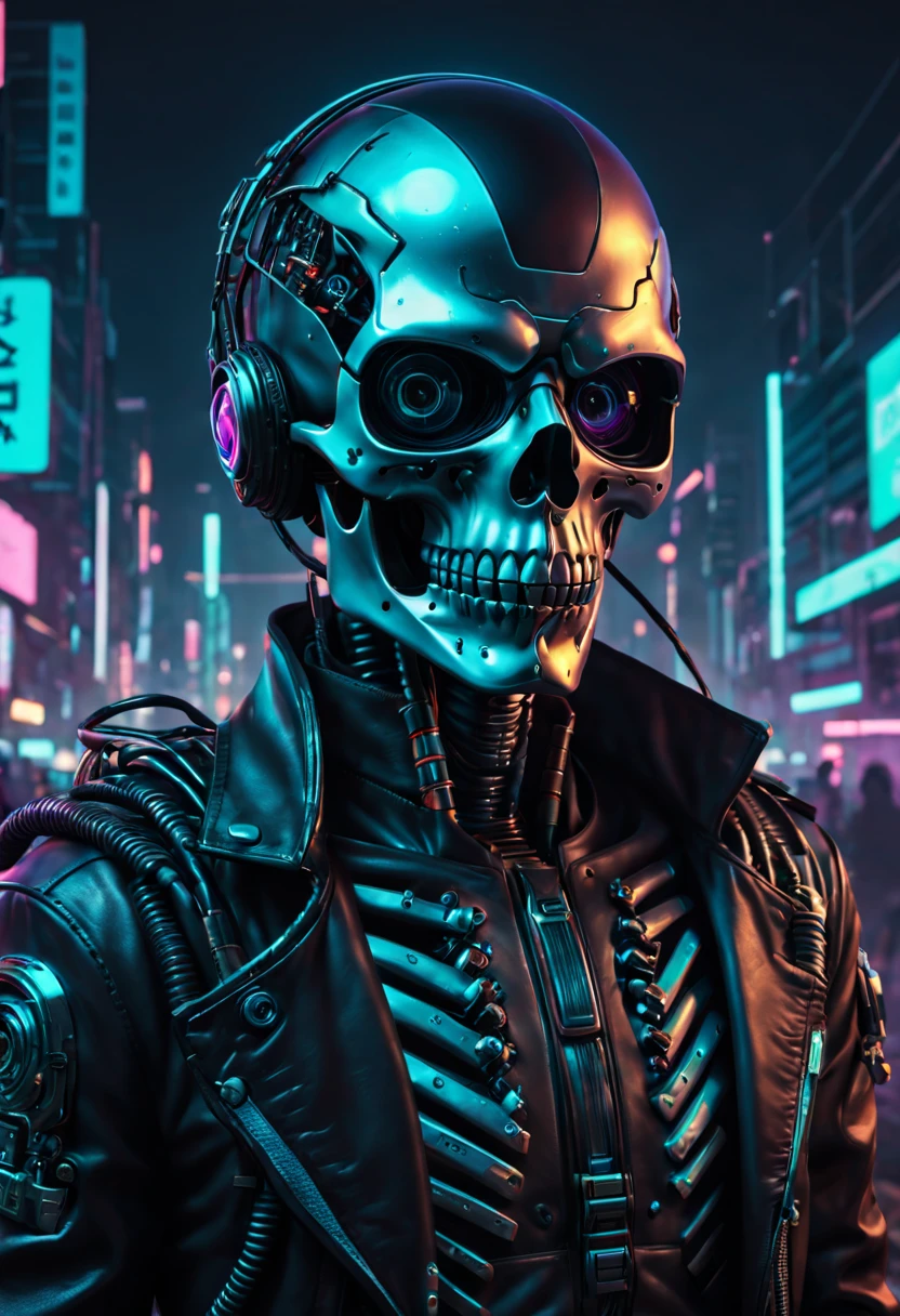 (Best quality at best,4K,8K,A high resolution,tmasterpiece:1.2),ultra - detailed,(actual,photoactual,photo-actual:1.37),cyber punk personage，cowboys，skeleton head，metalictexture，cowboys帽，neon light background，A futuristic，vivd colour，electric sparkocus sharp，Dystopian cityscape，Network enhancement，glowing light eyes，jaqueta de couro，high-tech weapon，wires and cables，Retro-Future，nighttime scene，Mixed reality。