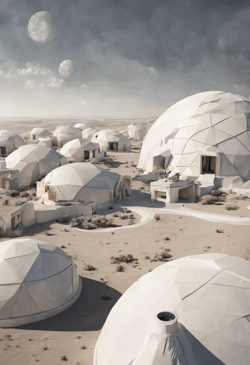 white vast desert with several white domes on it, 20 geodesic domes, 29 Domes, Glamping, geodesic,20 Geodesic Dome, geodesic architecture, Domespace, Vila Solarpunk, geodesic building, hexadomo, 20 glass dome, Cantina Solarpunk, Ecovila, tone of gray white and silver, brids eye view.Generate a captivating image of a futuristic scene on the moon's surface at night. Picture a vast expanse of white desert, illuminated by the soft glow of moonlight. In the distance, visualize ten dome-like structures rising from the lunar landscape, their exteriors bathed in shades of gray and white.
Capture the surreal beauty of the lunar environment, with the domes seamlessly blending into the pristine moon surface. The scene should evoke a sense of tranquility and futuristic elegance, emphasizing the contrast between the stark lunar landscape and the architectural marvels in grayscale tones.
