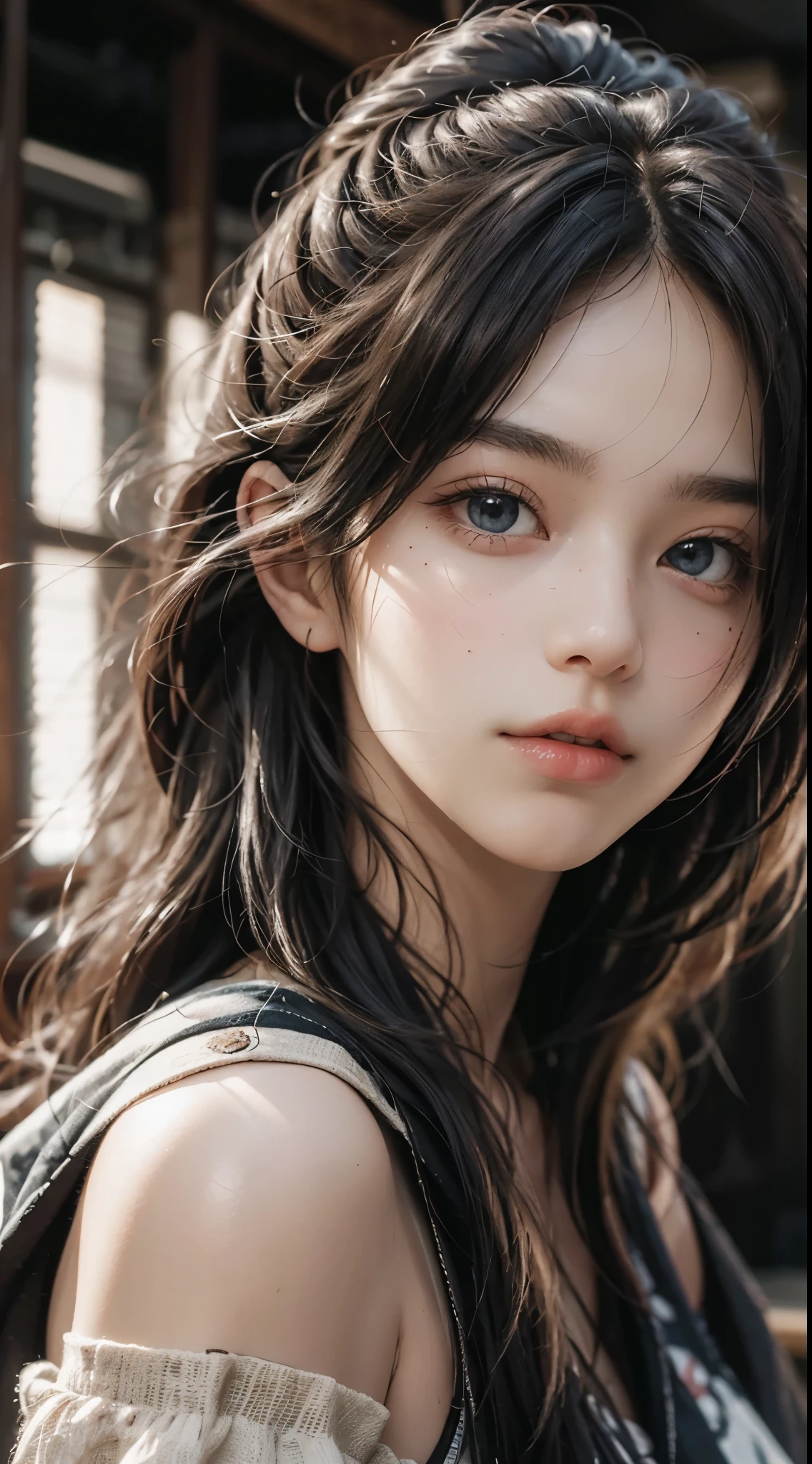 Best Quality, masutepiece, 超A high resolution, (Photorealistic:1.4), Raw photo, 1girl in, off shoulders, long pony hair, Indoor, Summer noon,Detailed eyes,(realisticeyes),delicated face,realskin,detailed hairs,Detailed skin,Beautiful face,