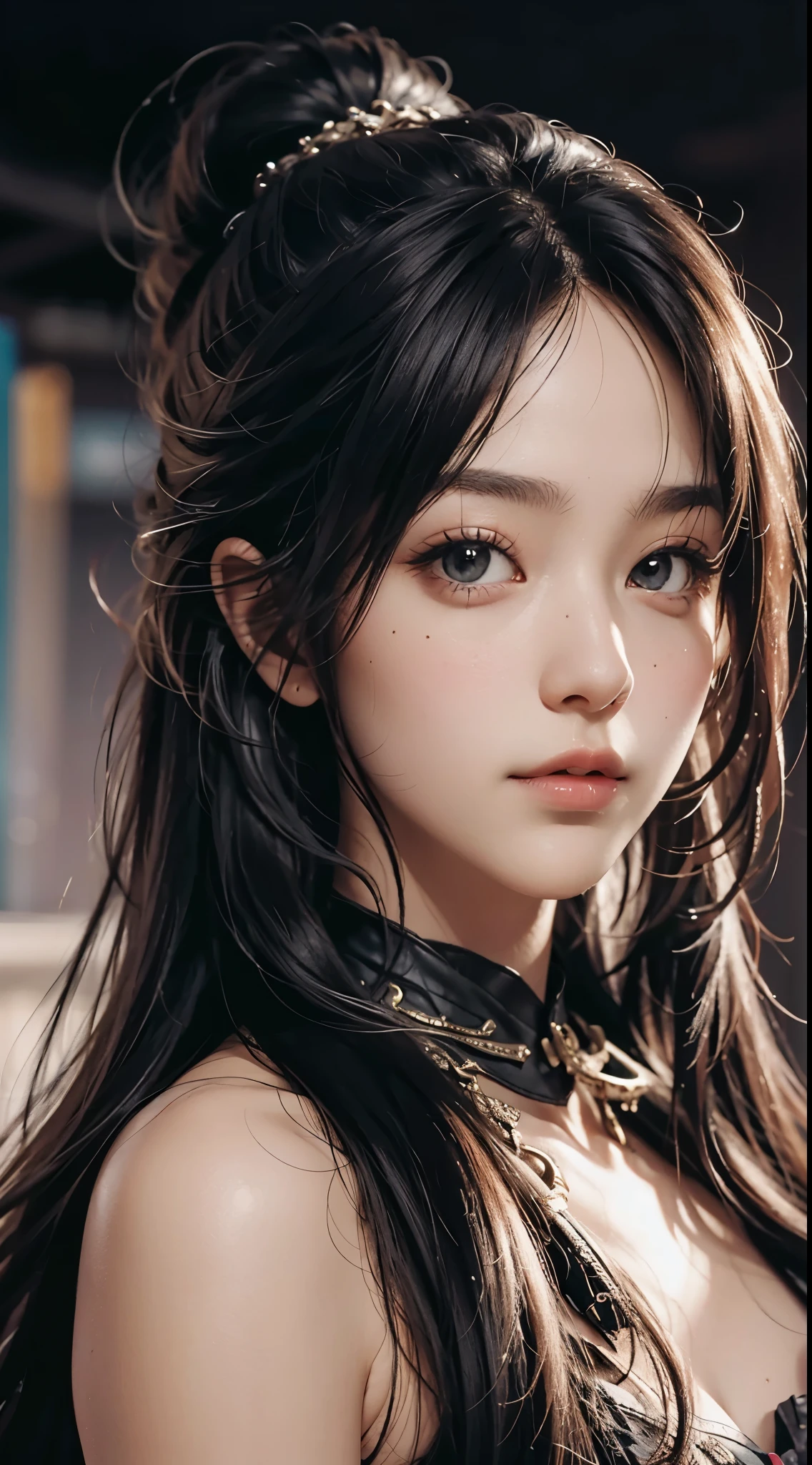 A woman with long hair and a black top posing for a picture - SeaArt AI