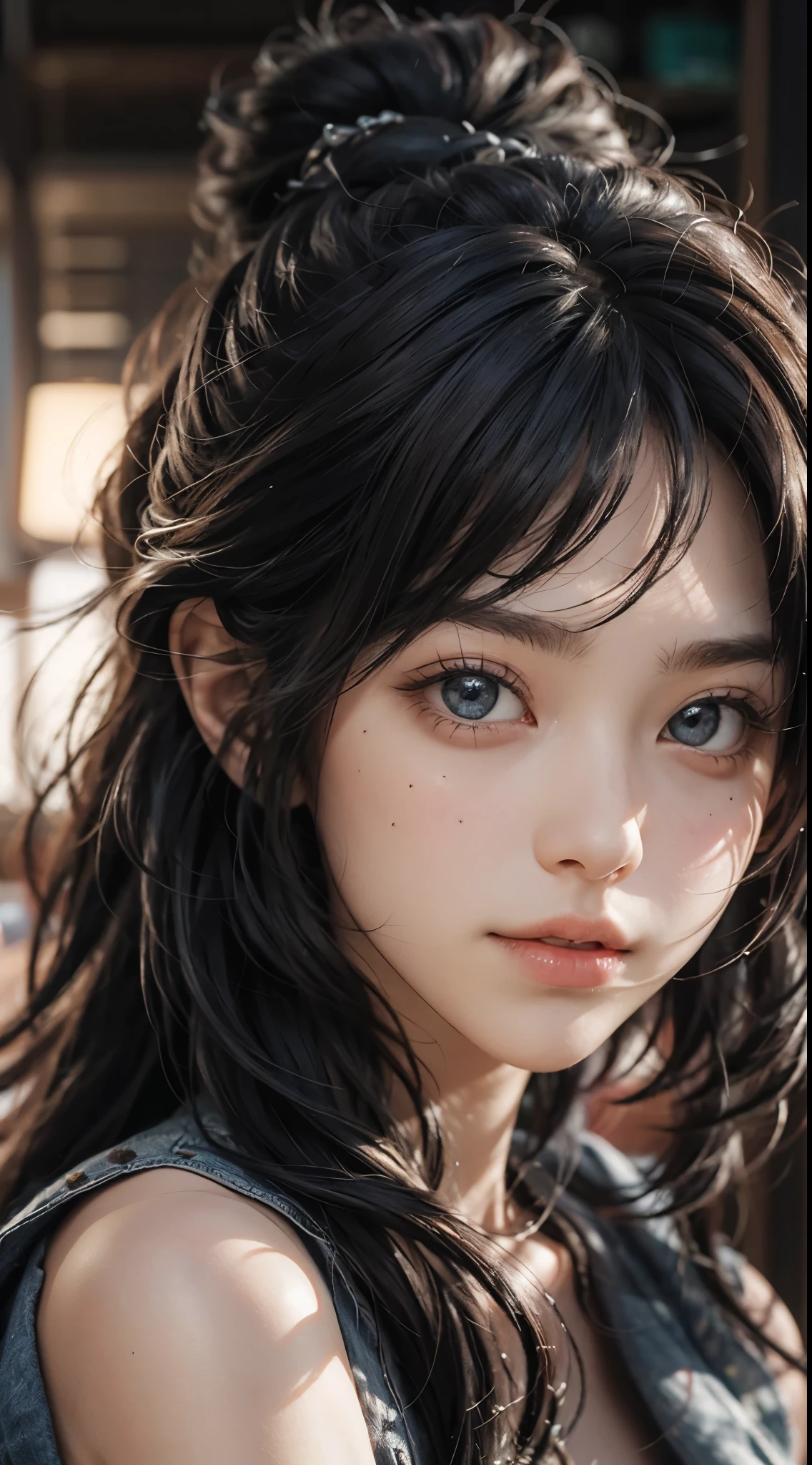 Best Quality, masutepiece, 超A high resolution, (Photorealistic:1.4), Raw photo, 1girl in, off shoulders, long pony hair, Indoor, Summer noon,Detailed eyes,(realisticeyes),delicated face,realskin,detailed hairs,Detailed skin,Beautiful face,