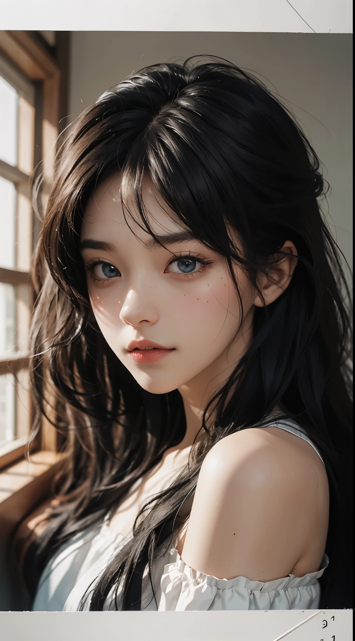 Best Quality, masutepiece, 超A high resolution, (Photorealistic:1.4), Raw photo, 1girl in, off shoulders, long pony hair, Indoor, Summer noon,Detailed eyes,(realisticeyes),delicated face,realskin,detailed hairs,Detailed skin,Beautiful face,