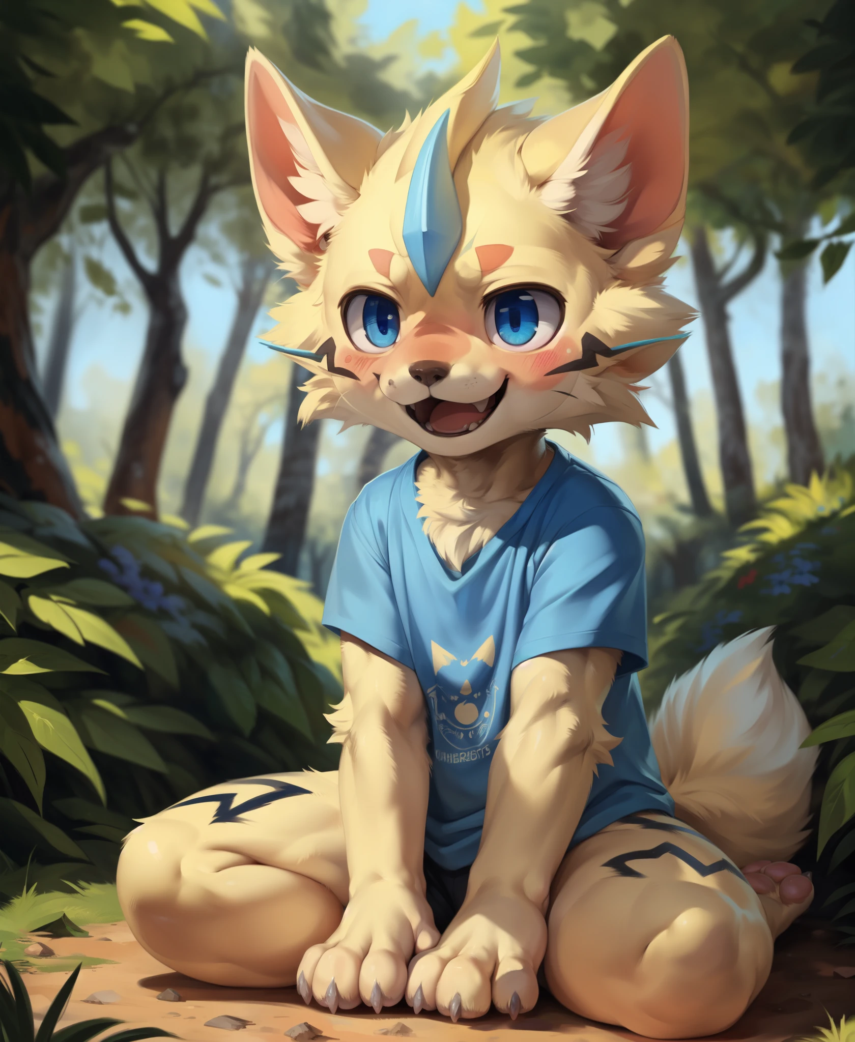 summer, sunlight, day
(forest, park), flower, grass, tree
full_body, zeraora, female, furry, (fluffy | slender body), ((white | blue t-shirt)), blue | soft pawpads, 3_toes
(sitting_on_ground), bright | blue pupils, closed smile, close_mouth, blush | detailed face, facing_viewer
(high_quality, best_quality:1.2), (detaile_background:1.3), (detailed_fur:1.3), (Highly_detailed:1.2), (absurd_res:1.1)
uploaded_on_e621, by_Pino_Daeni, by_Carlo_Galli_Bibiena, by_Bakemonoy, by_Raptoral, by_Ksaiden, by_Foxovh, (by_dagasi:1.3), by_youjomodok
ambient_light, reality_ray_tracing, solo, (front_view), chibi, [yellow | black body_fur]