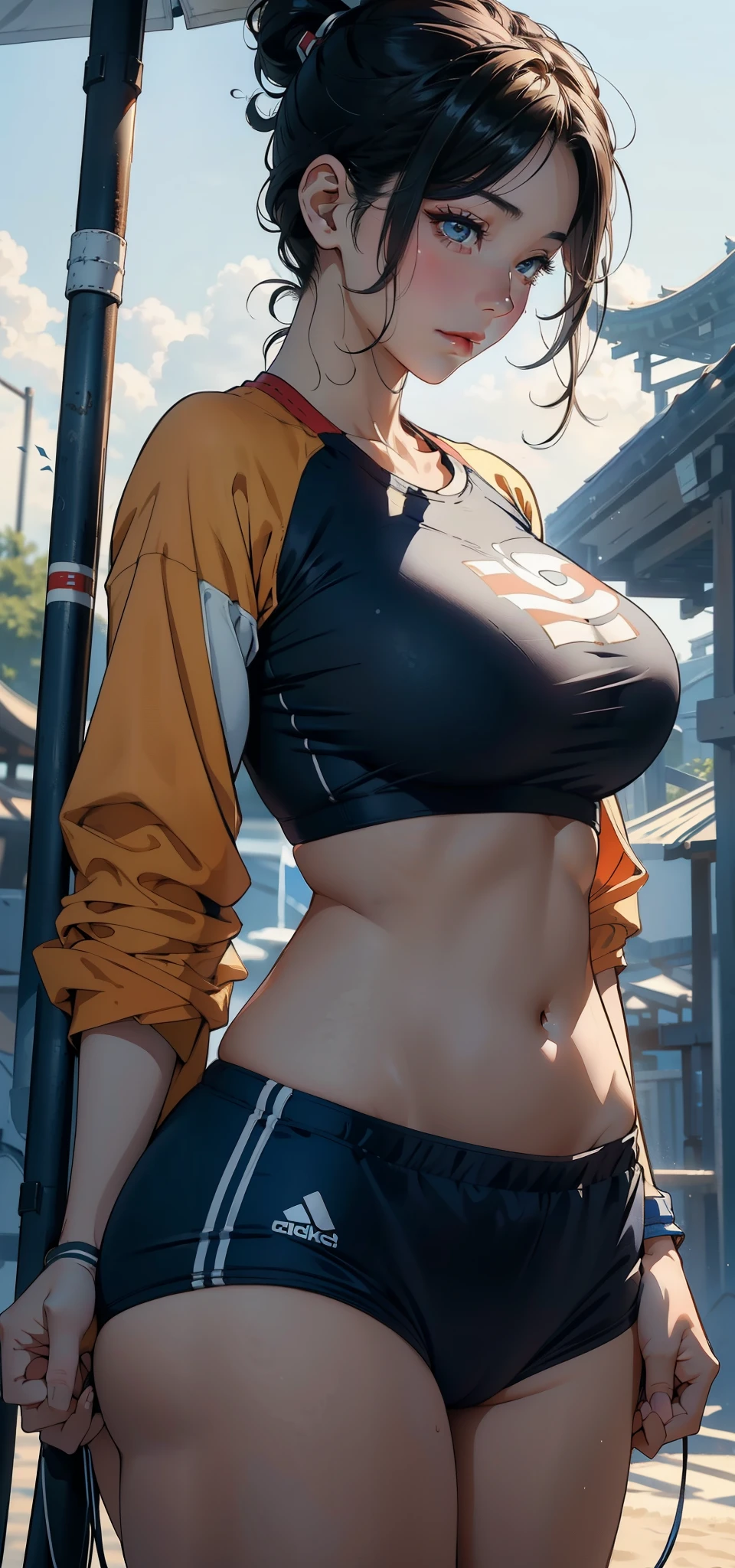pilotsuit、Sand color、A dark-haired、Muscular thighs、Abs Solo、Show Moon Viewer、Beautiful woman