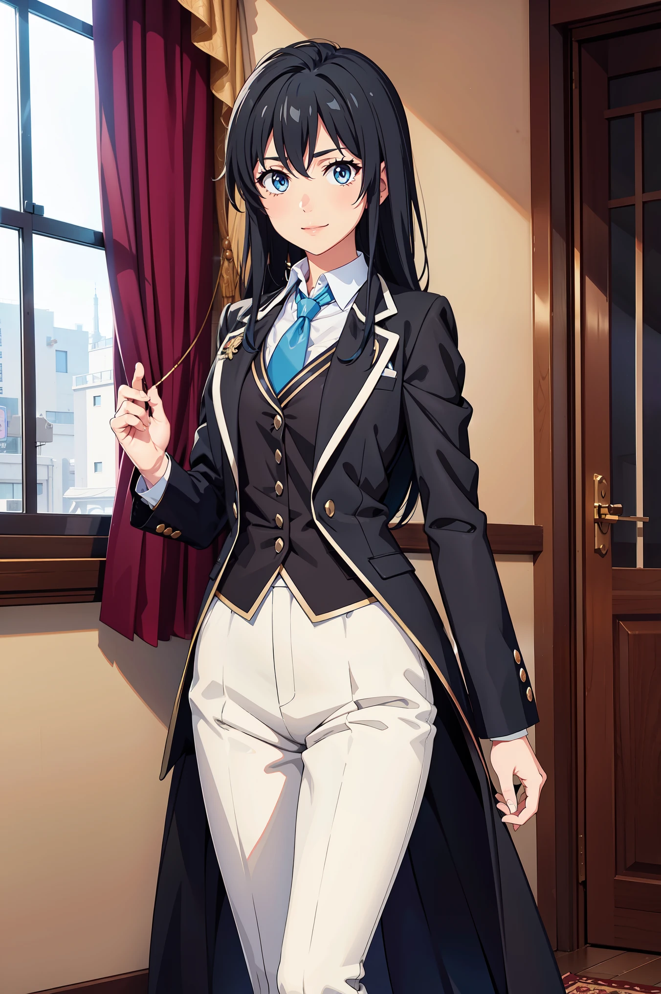 Yukinoshita yukino ,woman in formal attractive tailcoat standing in a large alcove in the room , 1girl, solo, blue necktie, black hair, blue eyes, long hair, smile , collared shirt, white pants, white shirt , tailored tailcoat elegant , standing in front of a window ,tailcoat tailored to perfection. Featuring striking Victorian theme and crafted from the lustrous fabric