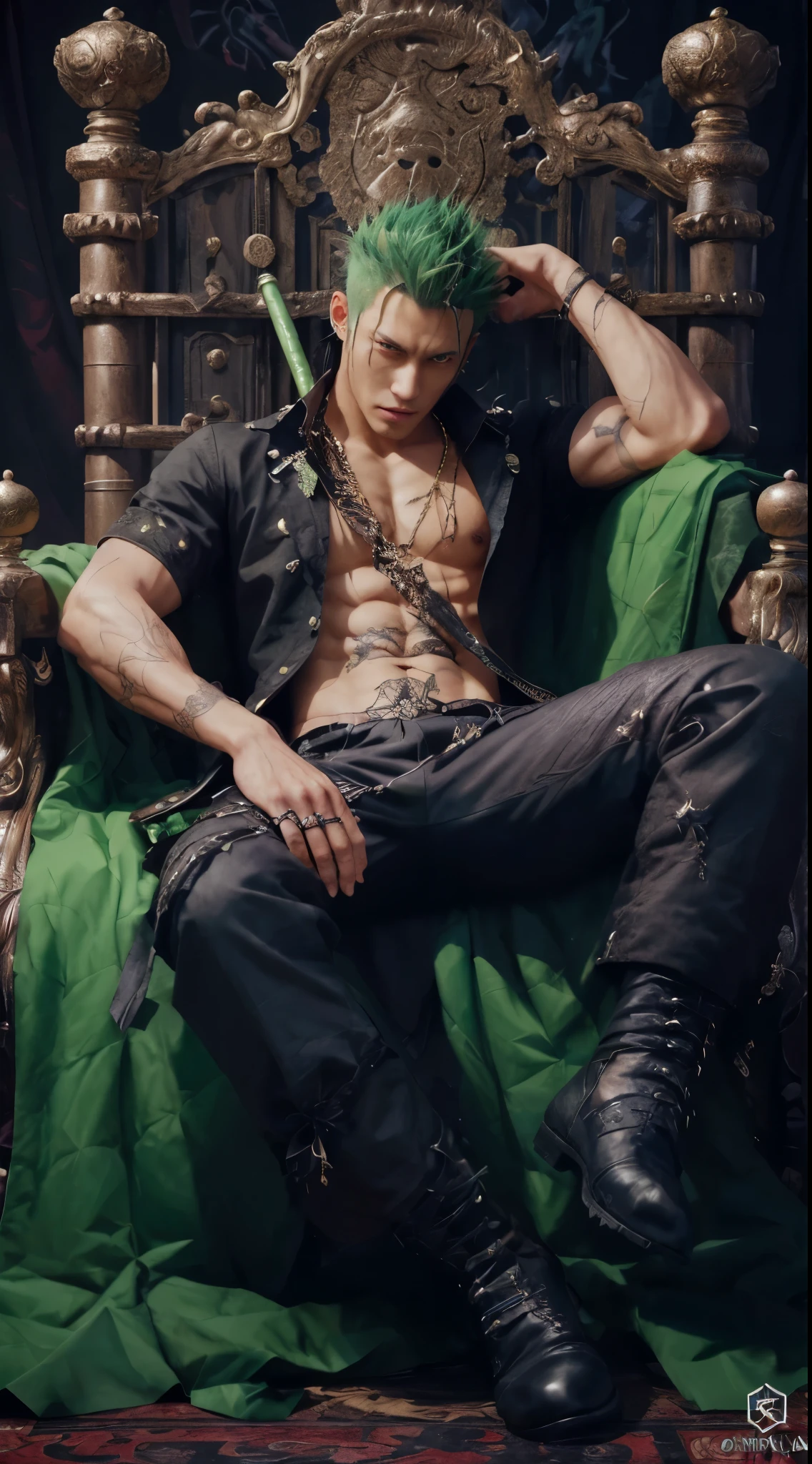 a close up of a person sitting on a chair with a green mohawk, roronoa zoro, handsome guy in demon slayer art, handsome anime pose, male realistis character, detailed anime character art, by Yang J, badass pose, highly detailed exquisite fanart, male art, realistic character; full body art, handsome man,character real