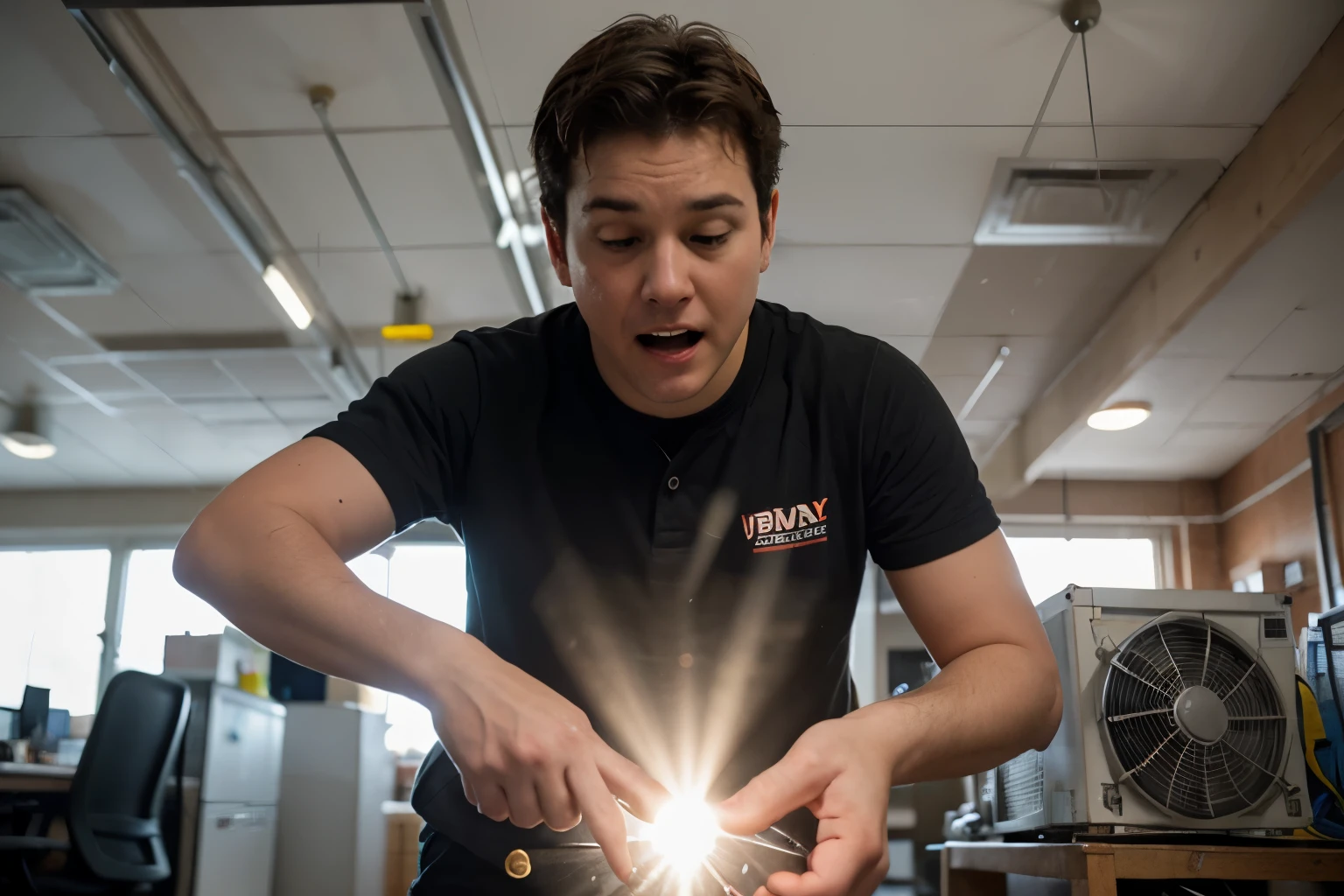 A Pixar-style comedy movie poster/Disney of an air conditioning technician repairing equipment in high quality in a bright, well-lit office environment with joy