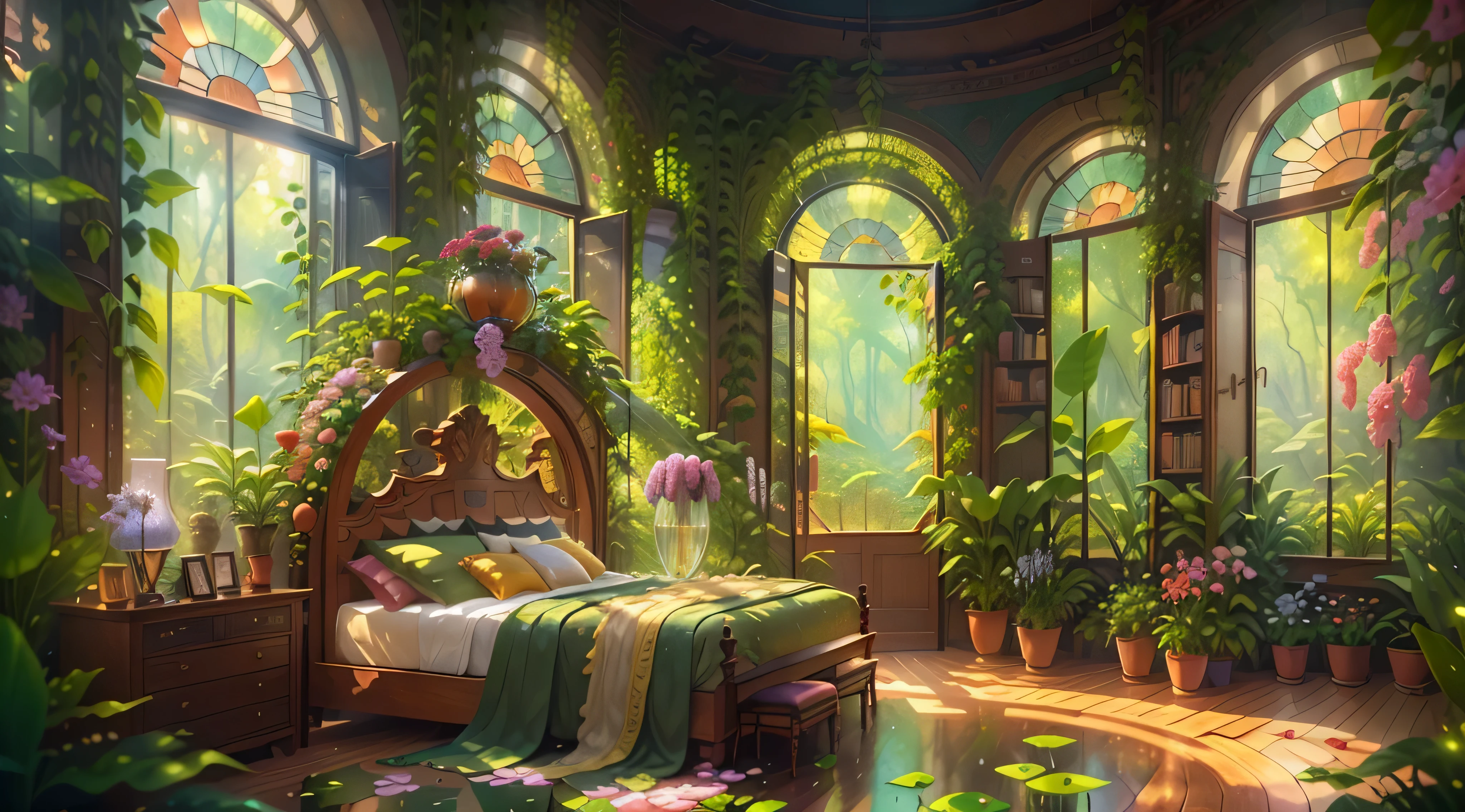 Solarpunk dreamland: royal botanical reserve | Create a gorgeous Versailles-style plant-based bedroom in a solarpunk world. There is a giant Historically window in the bedroom. The giant French Historically window is adorned with intricate carvings and dominates one wall. through huge windows, Extremely colorful、Intricate solarpunk cityscapes clearly visible. The cityscape is bustling and interesting, Lots of little details and a lot of visual interest. The bedroom is very quiet, There are lots of elegant flowers and ivy among the rich silk fabrics and hardwood floors. Take inspiration from rooftop gardens, french royal garden, The beautiful, and whimsical fantasies. 包括The beautiful幻想细节和触感, Includes fantasy water, Books, 3D touch, and delicate tendrils of ivy. cameras: Utilize innovative lighting techniques to emphasize the actual and beauty of the image. Delicate petals dance in the air. Create eye-catching images with dynamic composition. (hyper realisitc), (actual), (natural), (obsessed), (enchanting), (Historically)