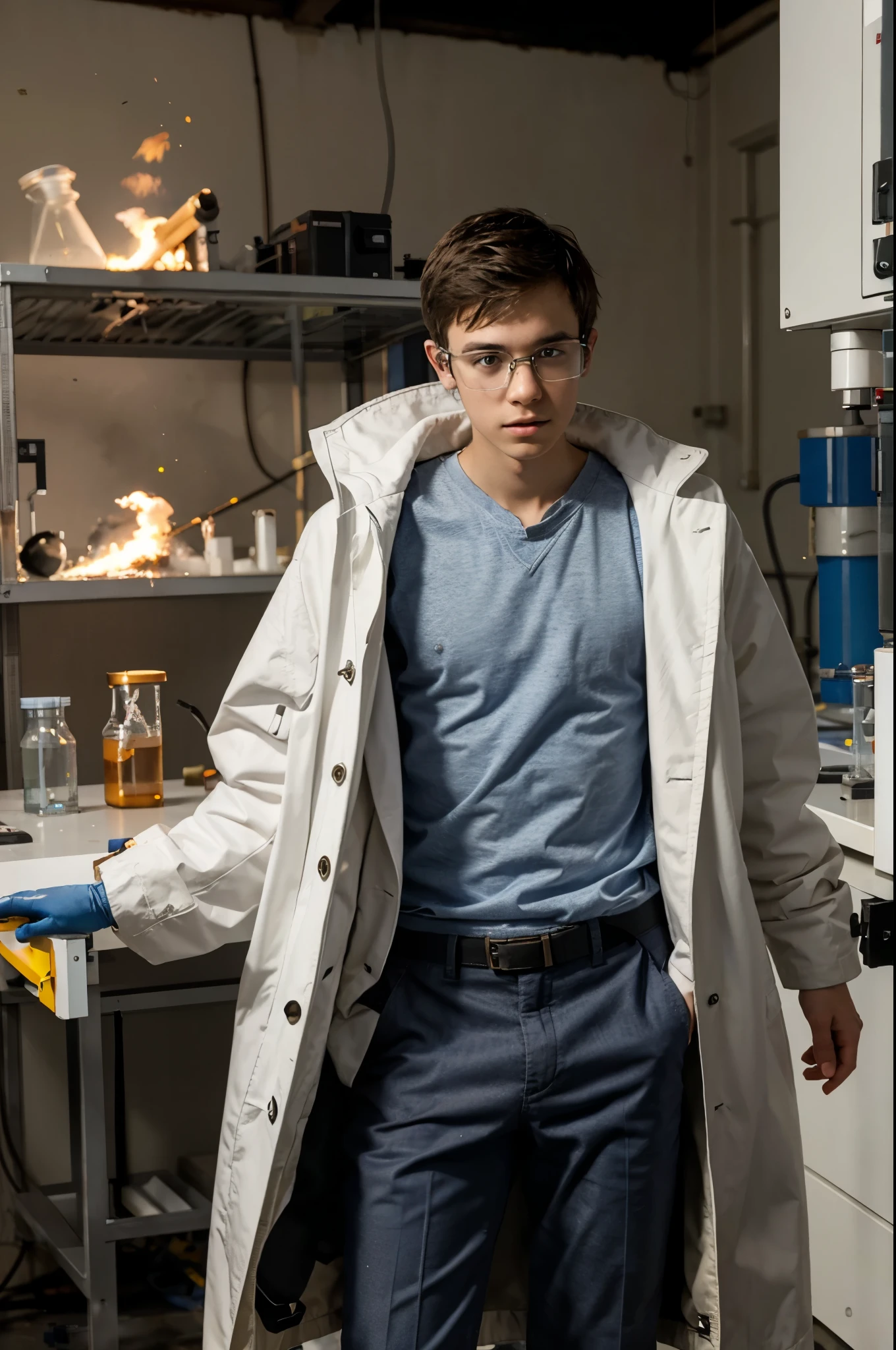 A skinny teenage boy in a white coat with glasses conducts experiments in the laboratory, explosions, fire, full-length view