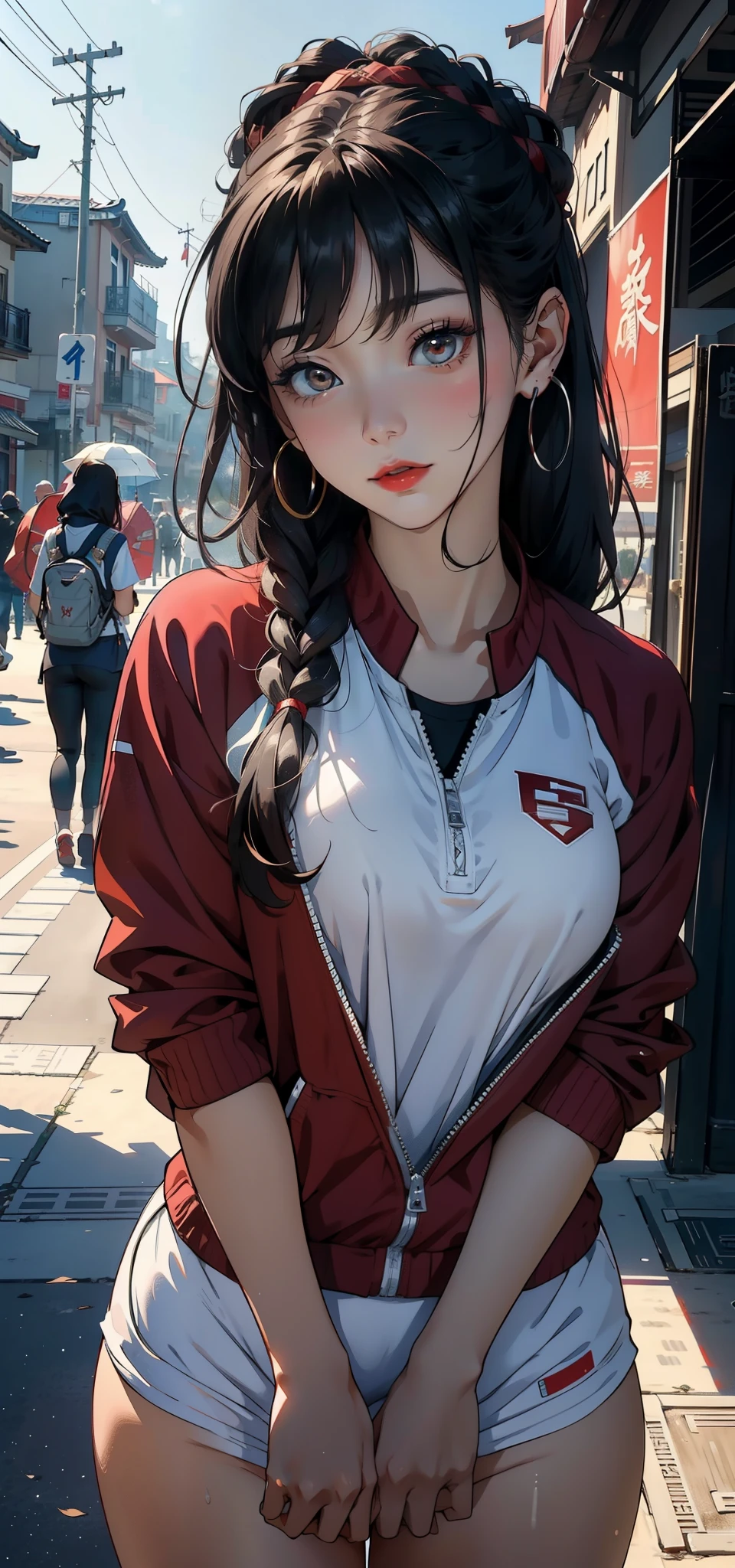 1female,35yo,摩洛解放阵线,plum,非常大's, 独奏,(Background with:volleyball field), 她有一头很短's黑发,bobo head,stop,,seen from the front, hair straight, The sky is mostly cloudy,(((tmasterpiece),(非常细致'sCG统一8K壁纸),最好's品质,电影灯光,详细's背景,美丽细致's右瞳孔,(Very delicate and beautiful),(美丽而详细's眼睛描述),ultra - detailed,tmasterpiece,))Redlip,facing at the camera,A high resolution,ultra - detailed),Camel toes,longing unsatisfied,street frontage,Volleyball player,(dressed in:Bikini tracksuit,'s器,'lue and white colour scheme)Captain America uniform