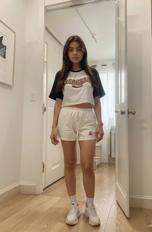 21-year-old girl with large breasts and a small waist dressed in 5--old l's clothes, ropa infantil, ropa tierna, He is in his bedroom with white light, white marble floor and background of a closet with expensive clothes and sneakers